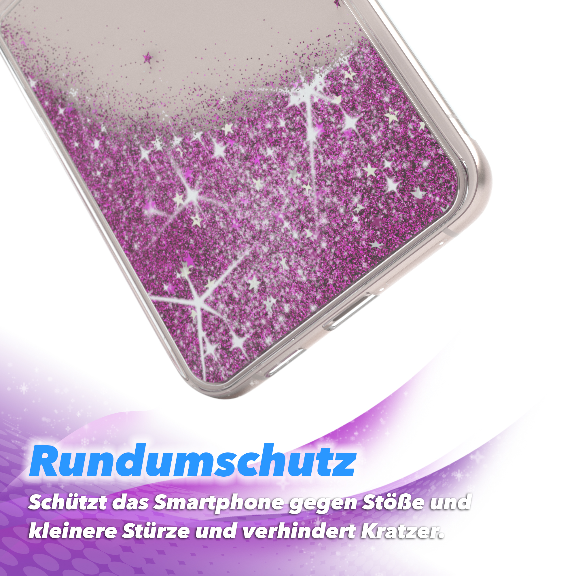 Transparente Handyhülle mit Glitzer. Lila Glitzer und Sterndesign. Schutzdesign.