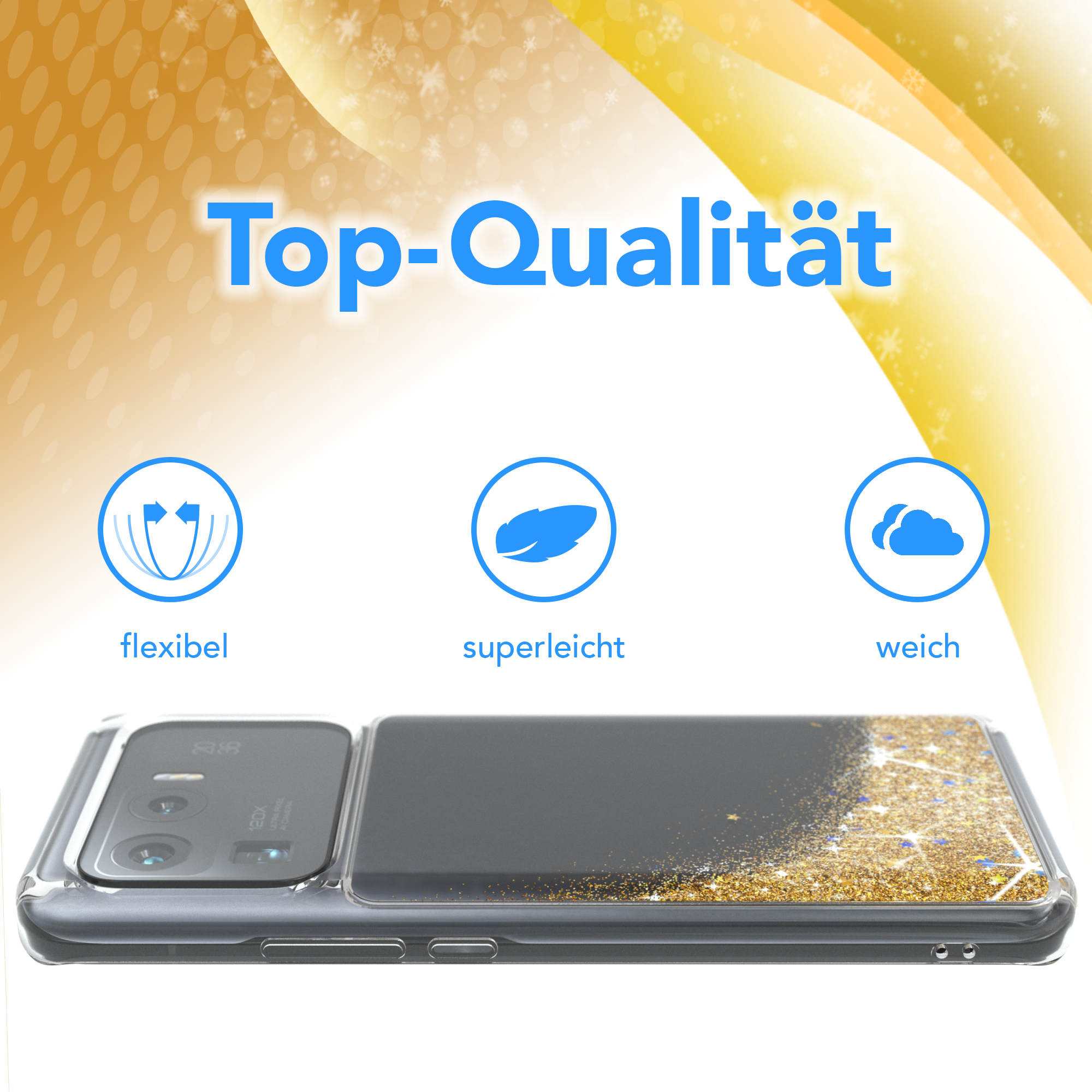 Handyhülle mit goldenem Glitzer und Sternen. Weißer und goldener Hintergrund.