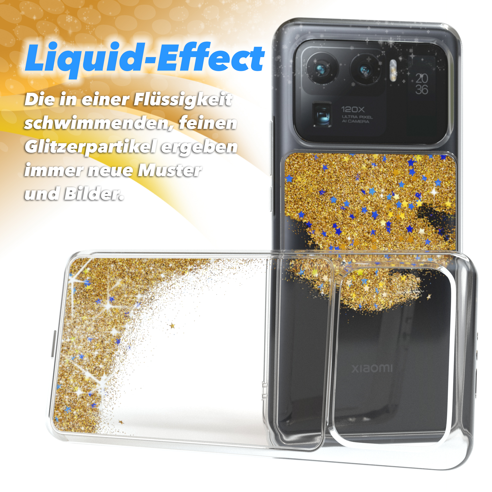 Handyhülle mit Goldglitzereffekt, Flüssigkeitseffekt mit Sternen und Telefondetails.