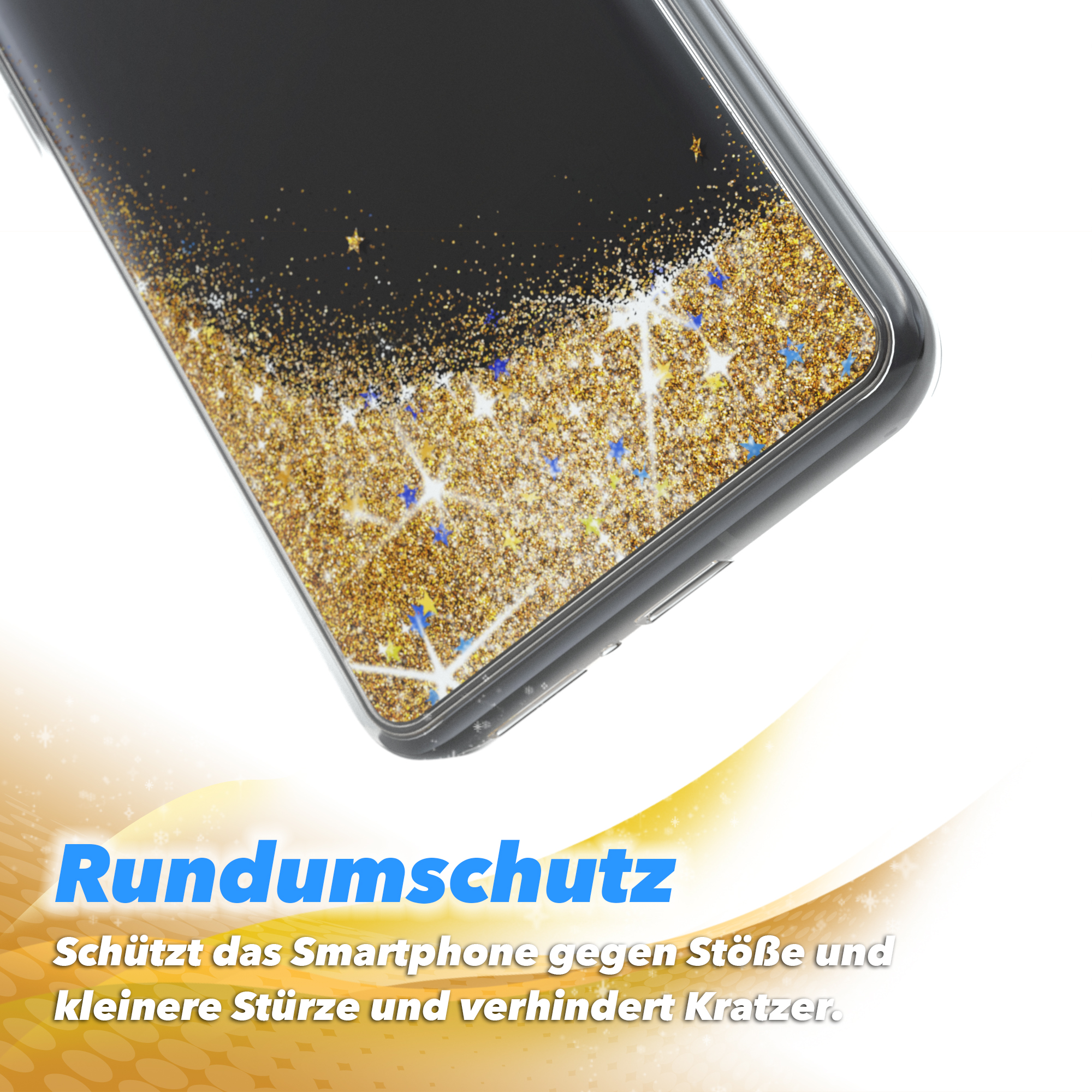 Nahaufnahme einer Handyhülle mit goldenem Glitzer und Sternen, mit Text über Schutz.