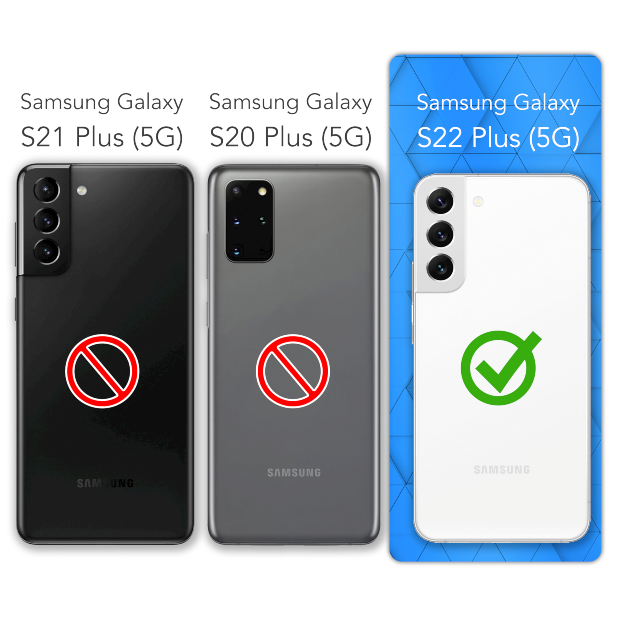 Vergleich von drei Samsung Galaxy-Telefonen. Nur S22 Plus (5G) ist kompatibel.