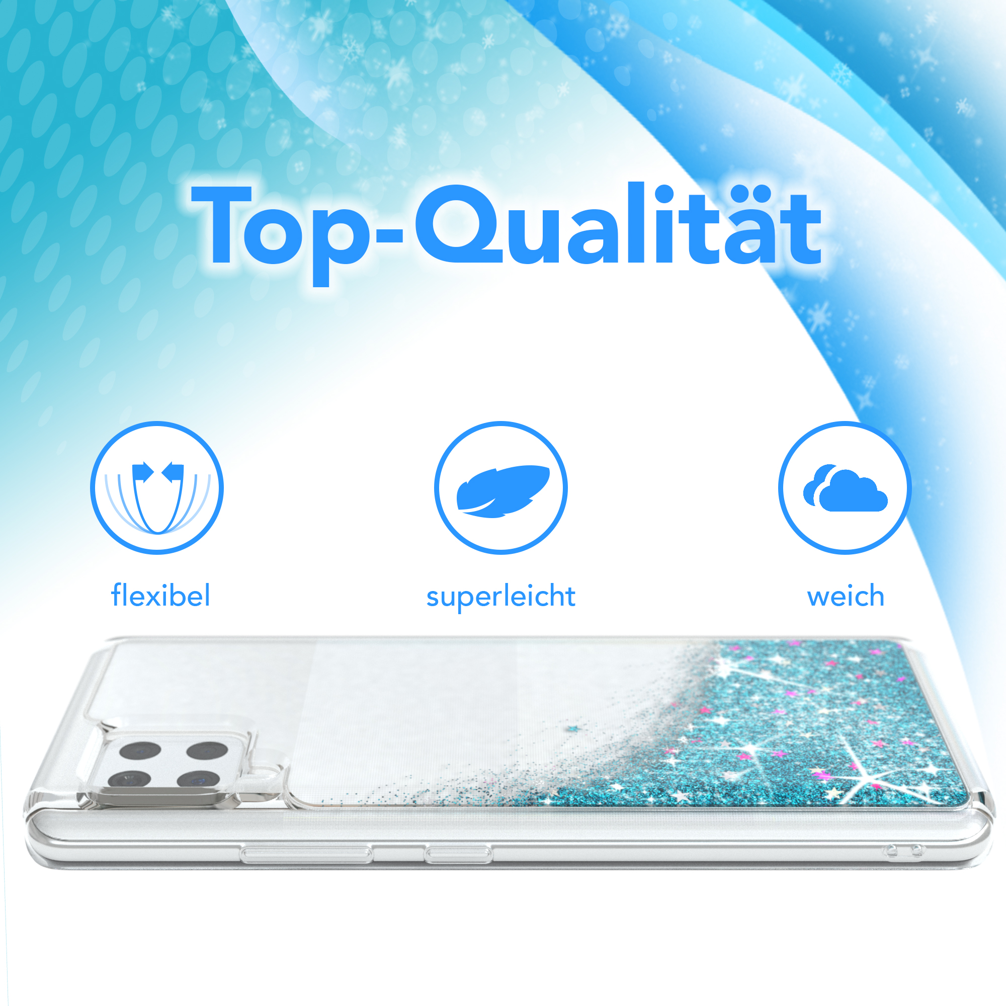 Telefon in transparenter Hülle mit blauem Glitzer. Text Top-Qualität und Icons.
