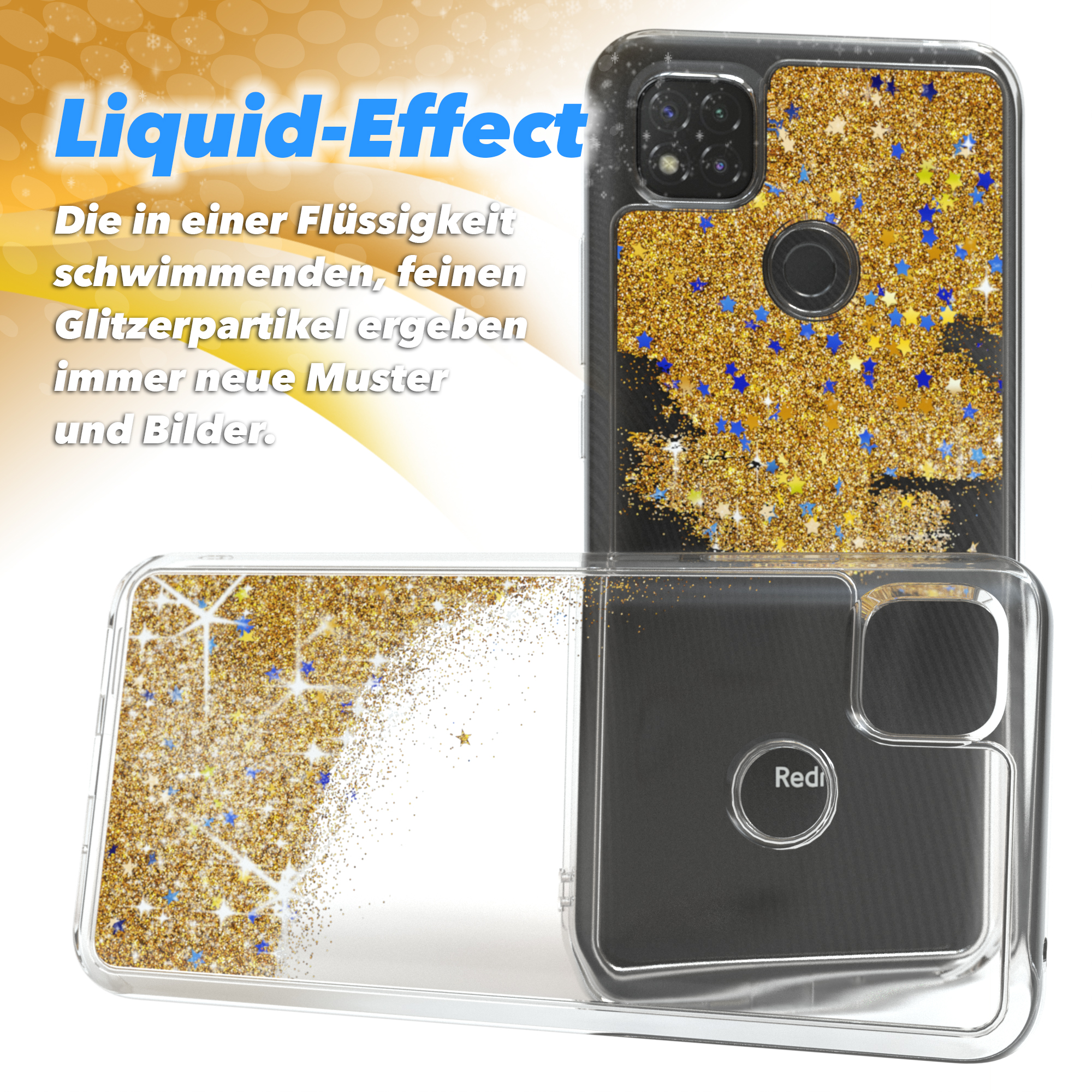 Goldene Glitzer-Handyhülle mit Sternen.