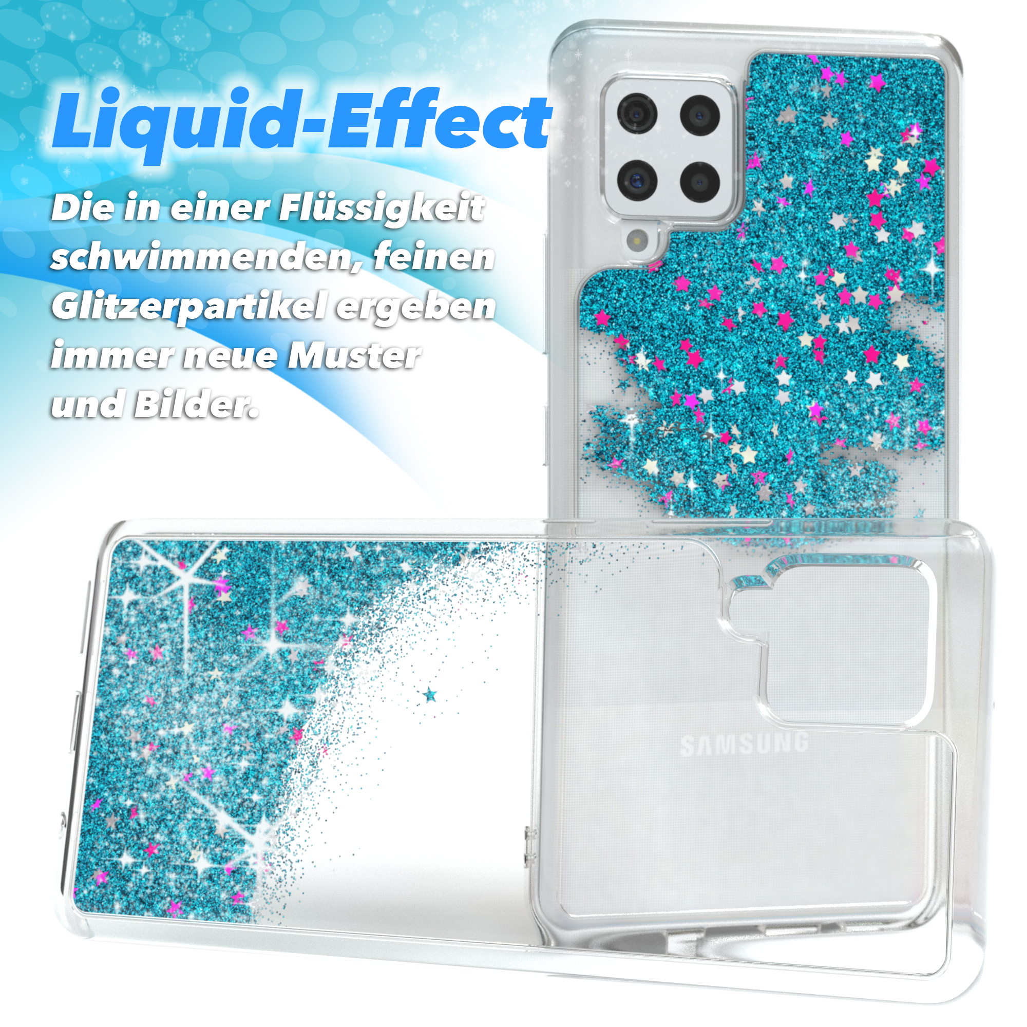 Transparente Handyhülle mit blauem Glitzer. Handyhülle hat einen Flüssigkeitseffekt, weißen Hintergrund und blaue Sterne.