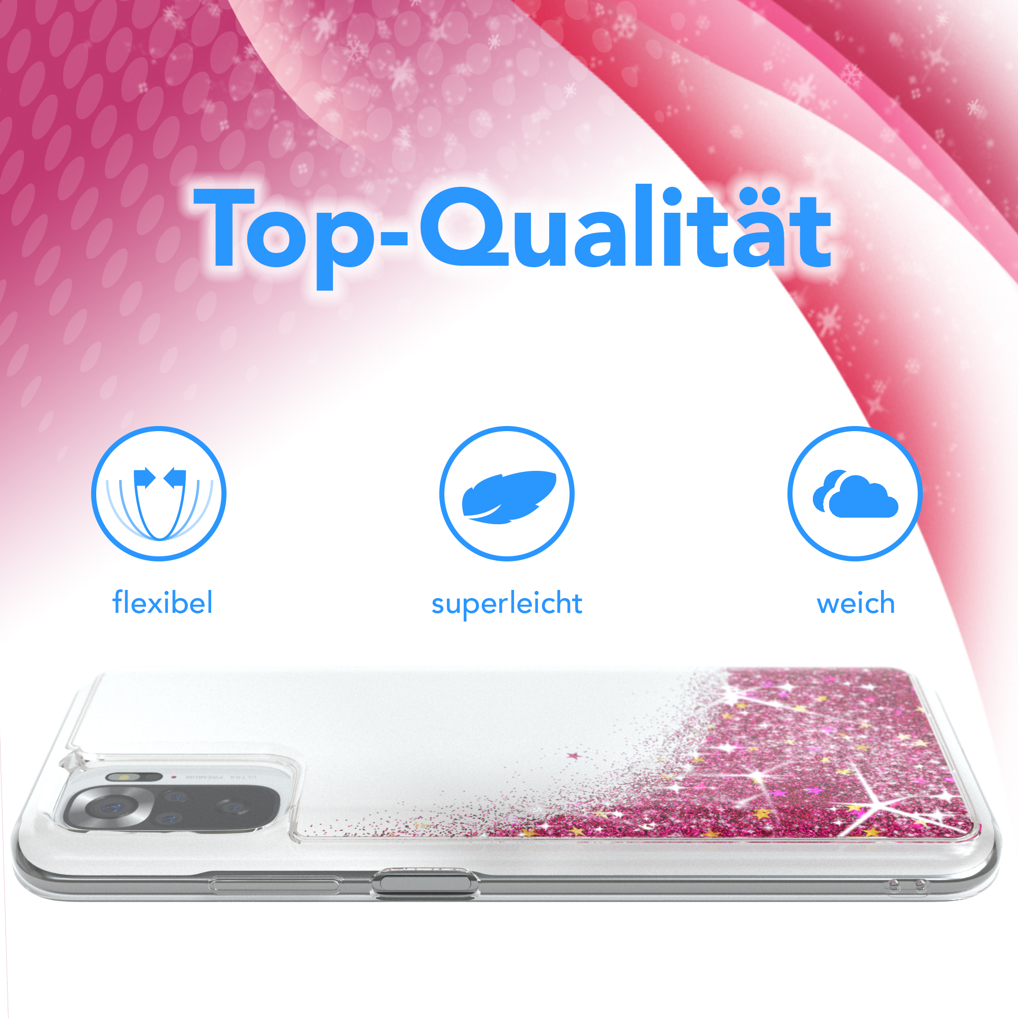 Transparente Handyhülle mit rosa Glitzer unten. Text: Top Qualität, flexibel, superleicht, weich.