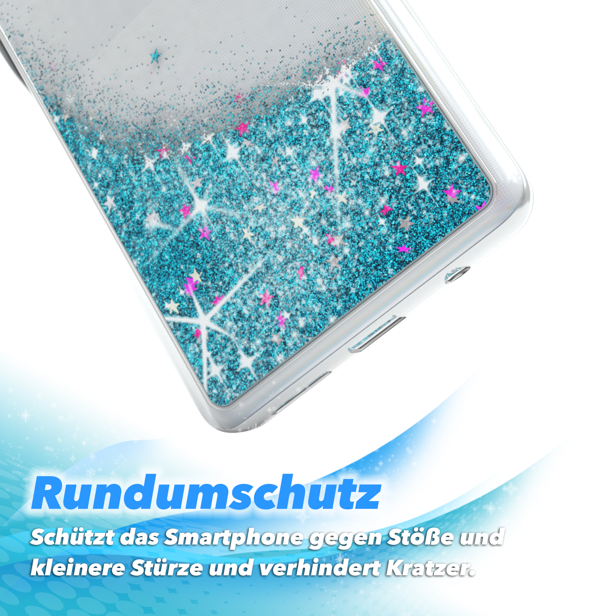 Nahaufnahme einer Handyhülle mit Glitzer und Sternen, Text über Schutz.