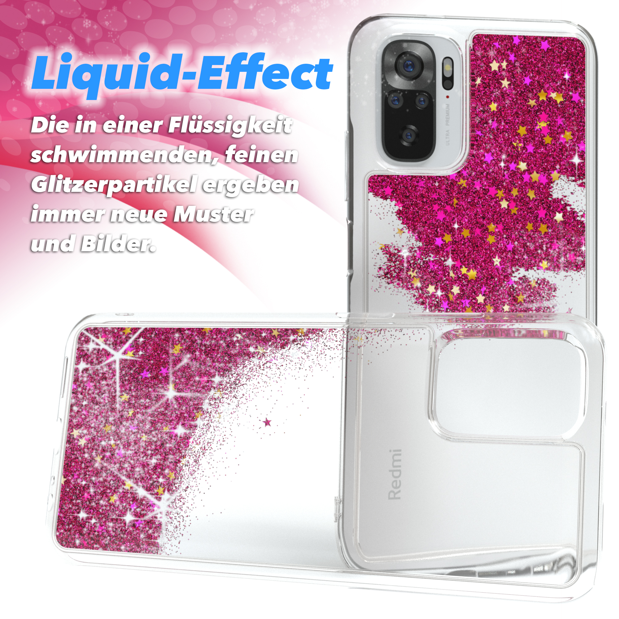 Zwei Handyhüllen mit Flüssigkeit und pinkfarbenem Glitzer, mit Redmi Logo.