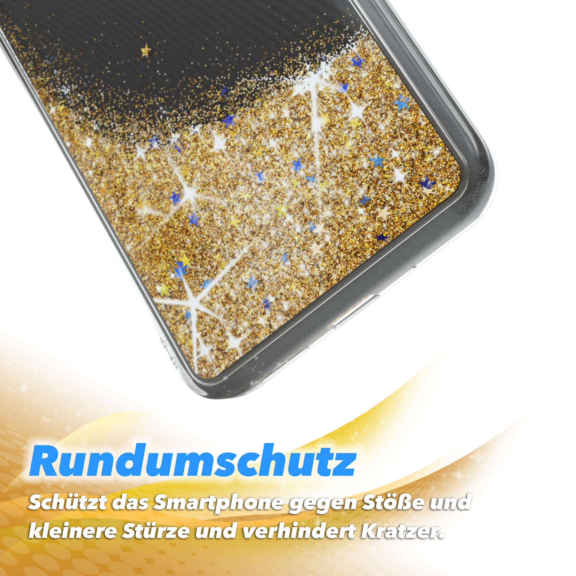 Handyhülle mit Goldglitter, blauen Sternen und Text auf weißem Hintergrund.