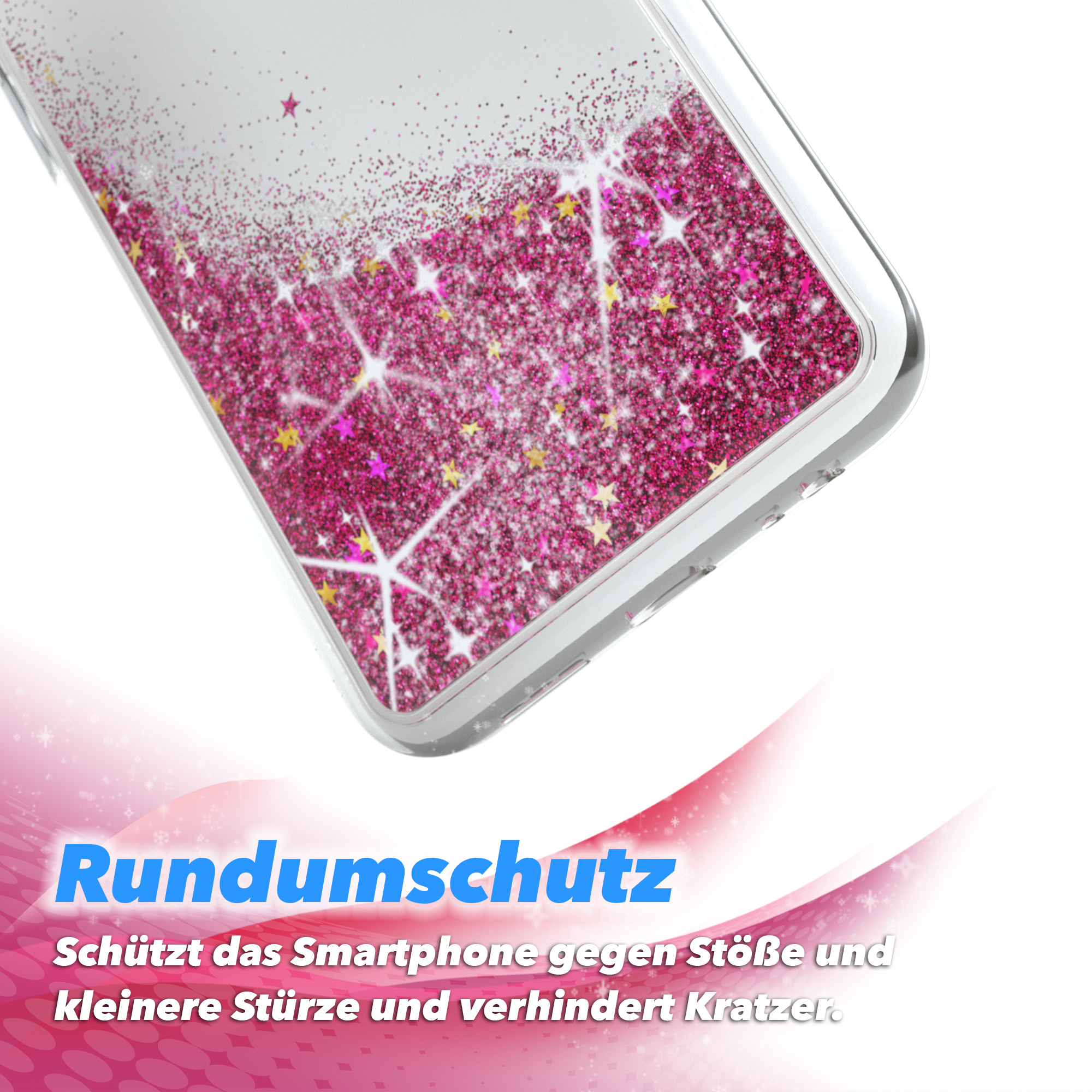 Nahaufnahme einer Handyhülle mit rosa Glitzer und Sternen. Text: Rundumschutz (Rundumschutz).