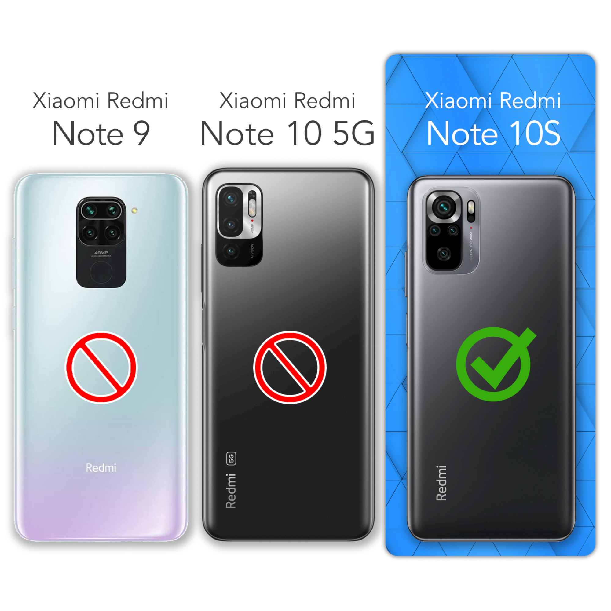 Drei Telefone: Xiaomi Redmi Note 9 mit rotem Verbotszeichen, Note 10 5G und Note 10S mit Häkchen.