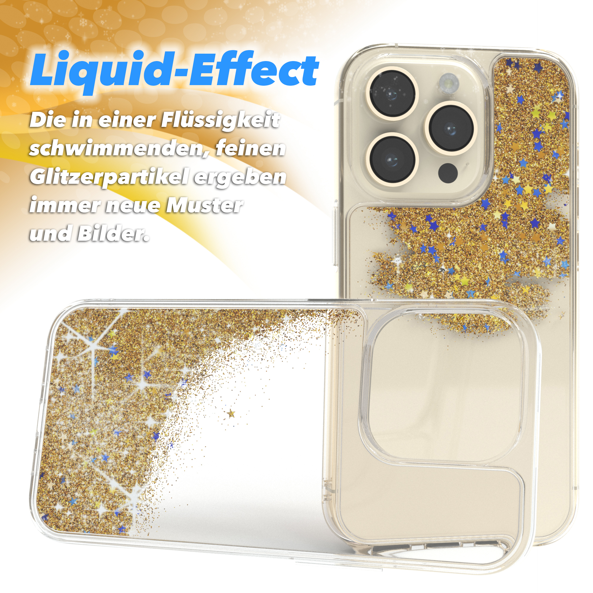 Zwei Handyhüllen mit Flüssigkeit und goldenem Glitzer.