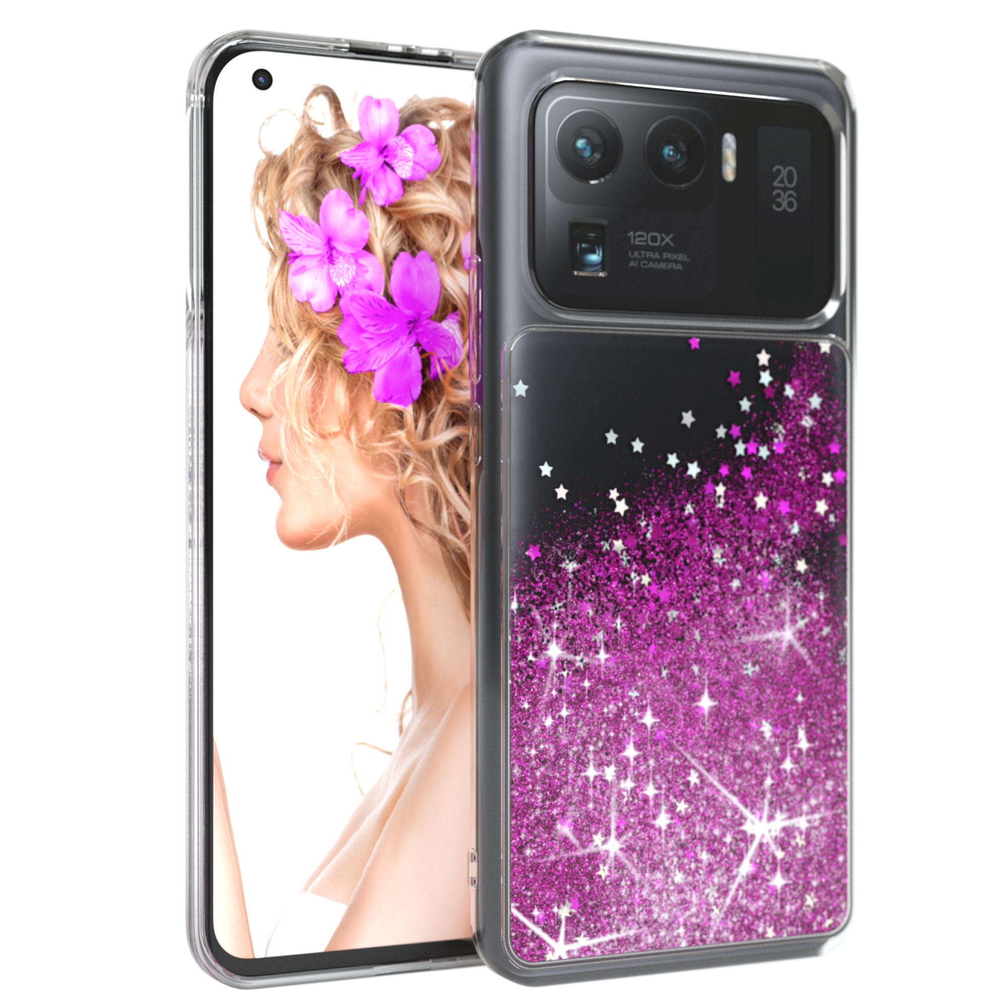 Handy mit Frauenbild, rosa Blumen und Glitzerhülle. Schwarzes Kameramodul mit Text.
