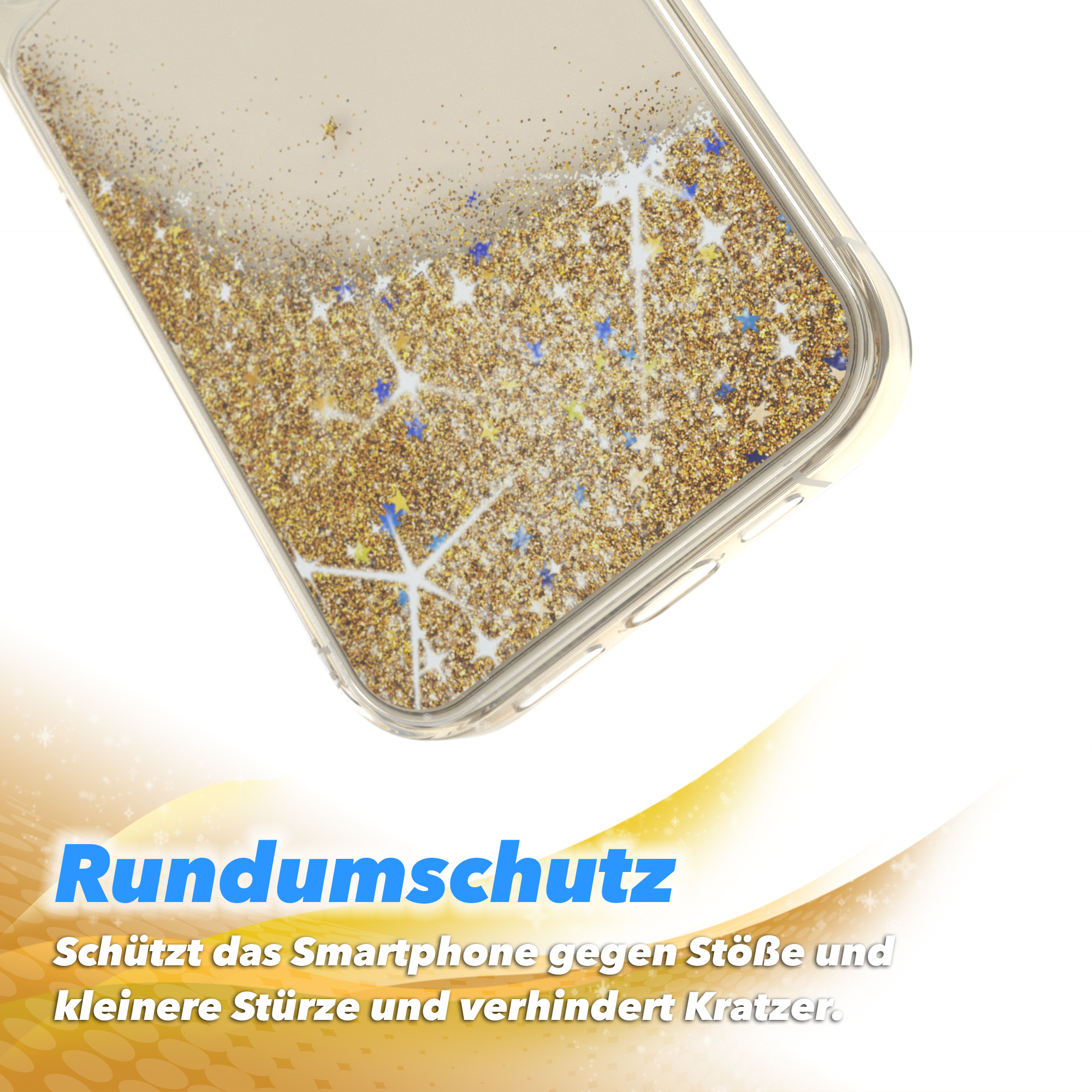 Nahaufnahme einer Handyhülle mit goldenem Glitzer, blauen Sternen und klaren Rändern. Hintergrund hat Text.