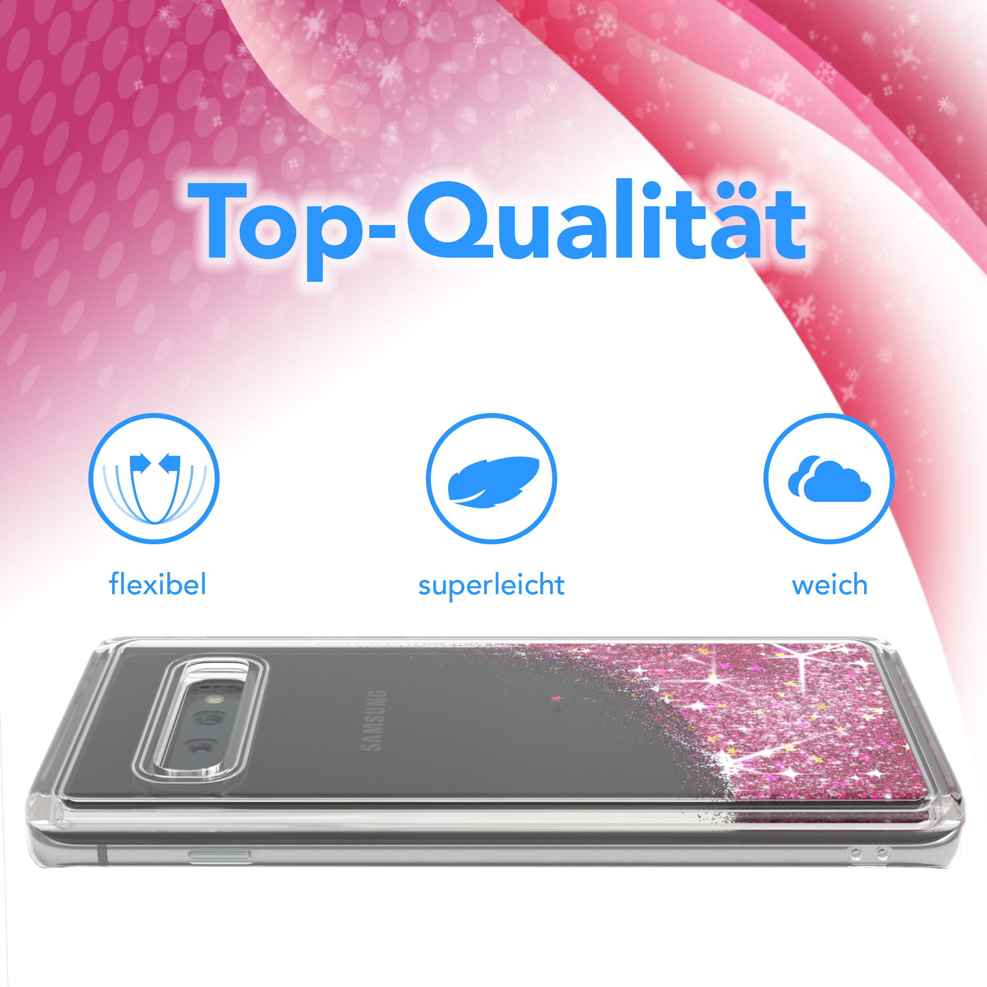 Transparente Handyhülle mit rosa Glitzer. Text: Top-Qualität, flexibel, superleicht und weich. Ein Telefon ist drin.