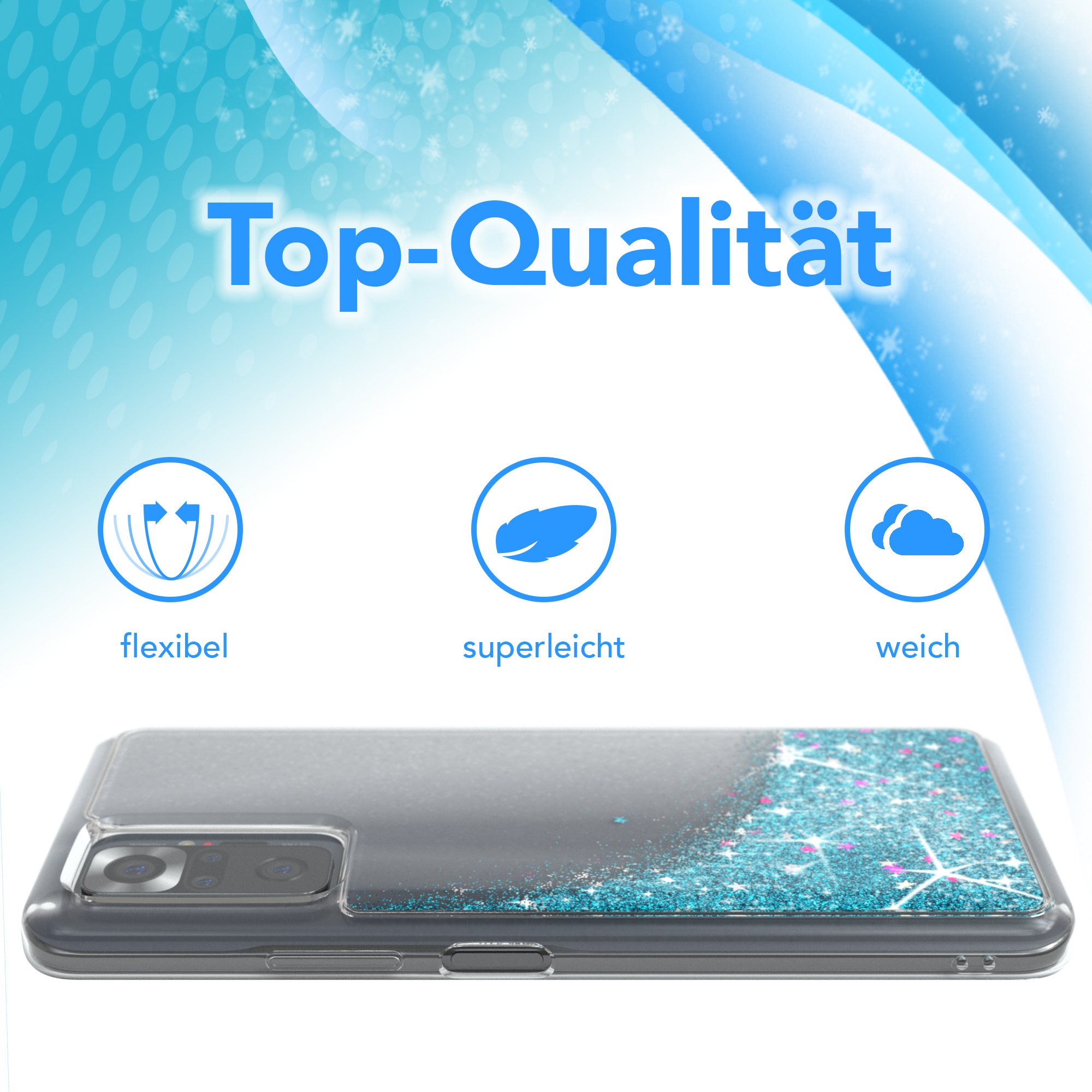 Handyhülle mit grauem und blauem Glitzerdesign. Symbole und Text auf Deutsch: flexibel, superleicht, weich.