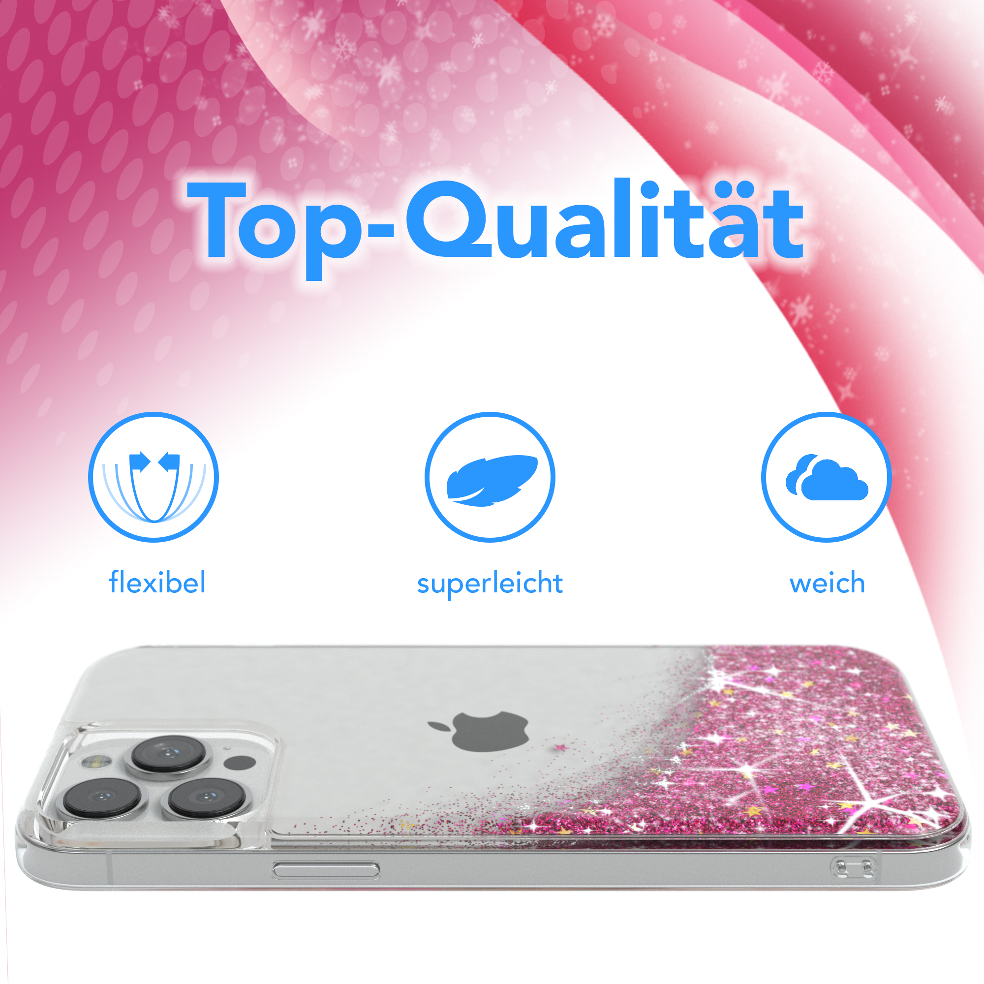 Handyhülle mit pinkem Glitzer-Design, Apple-Logo und 'Top-Qualität'.