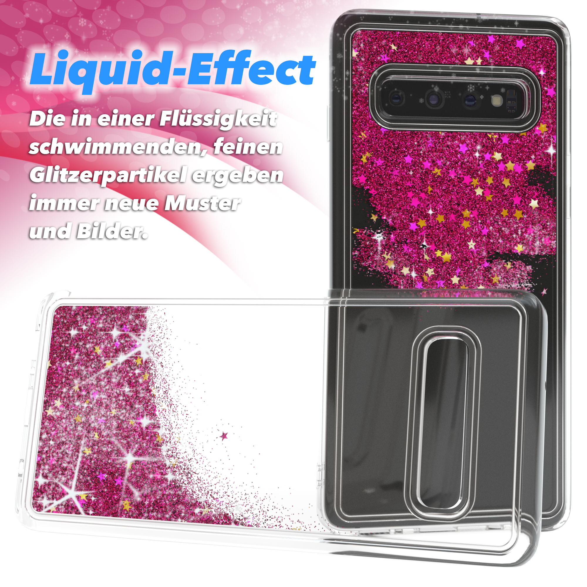 Transparente Handyhüllen mit rosa Glitzer und Sternen. Eine Hülle ist offen.