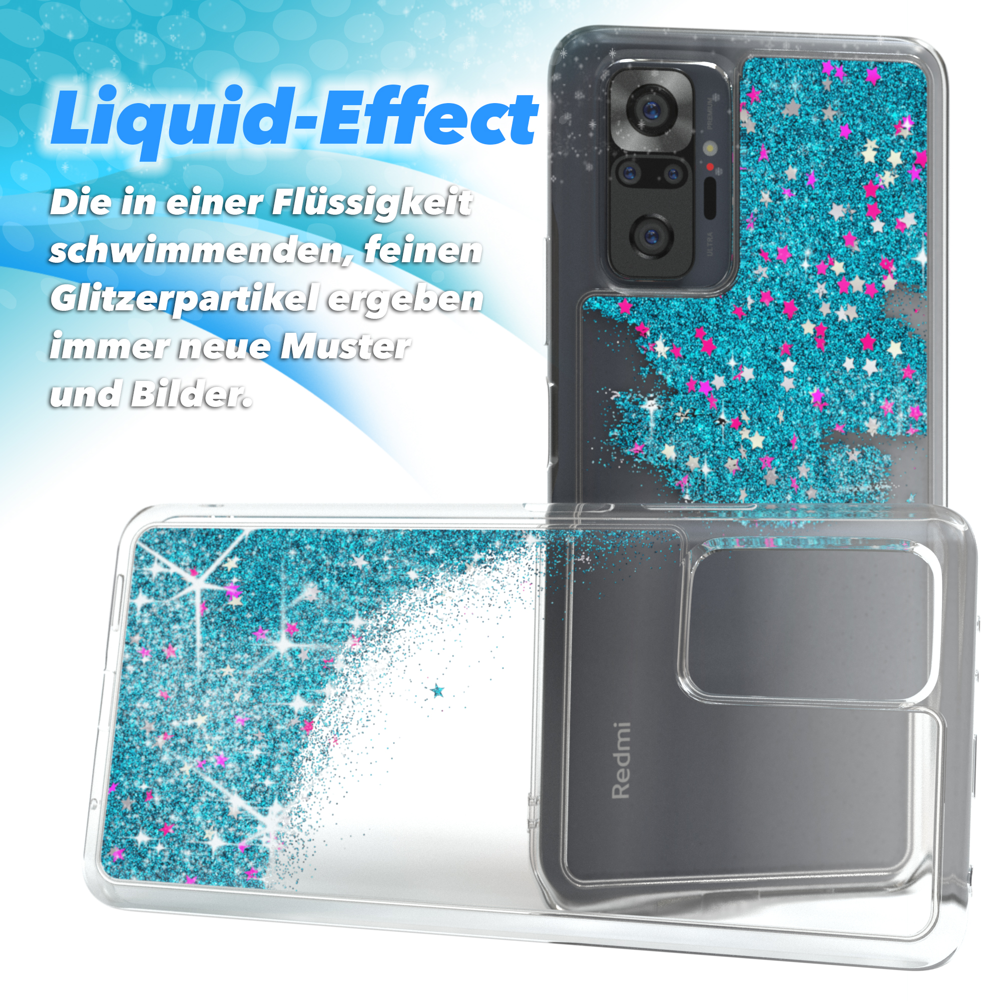 Zwei Telefone in Hüllen mit Flüssigkeitseffekt, blauem Glitzer und Sternen, mit Text.
