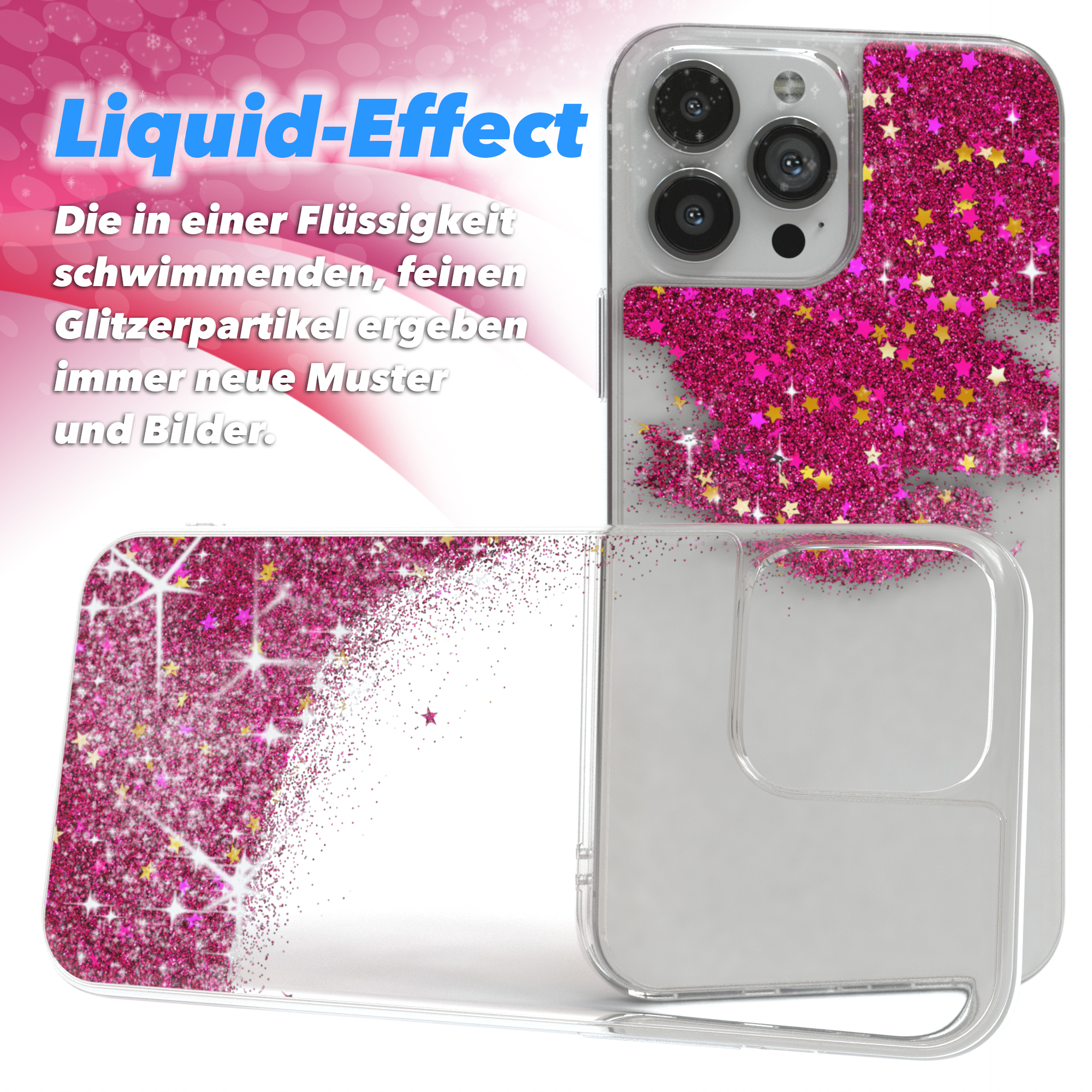 Eine Handyhülle mit flüssigem Effekt-Design und rosa Glitzer. Die Hülle ist transparent.