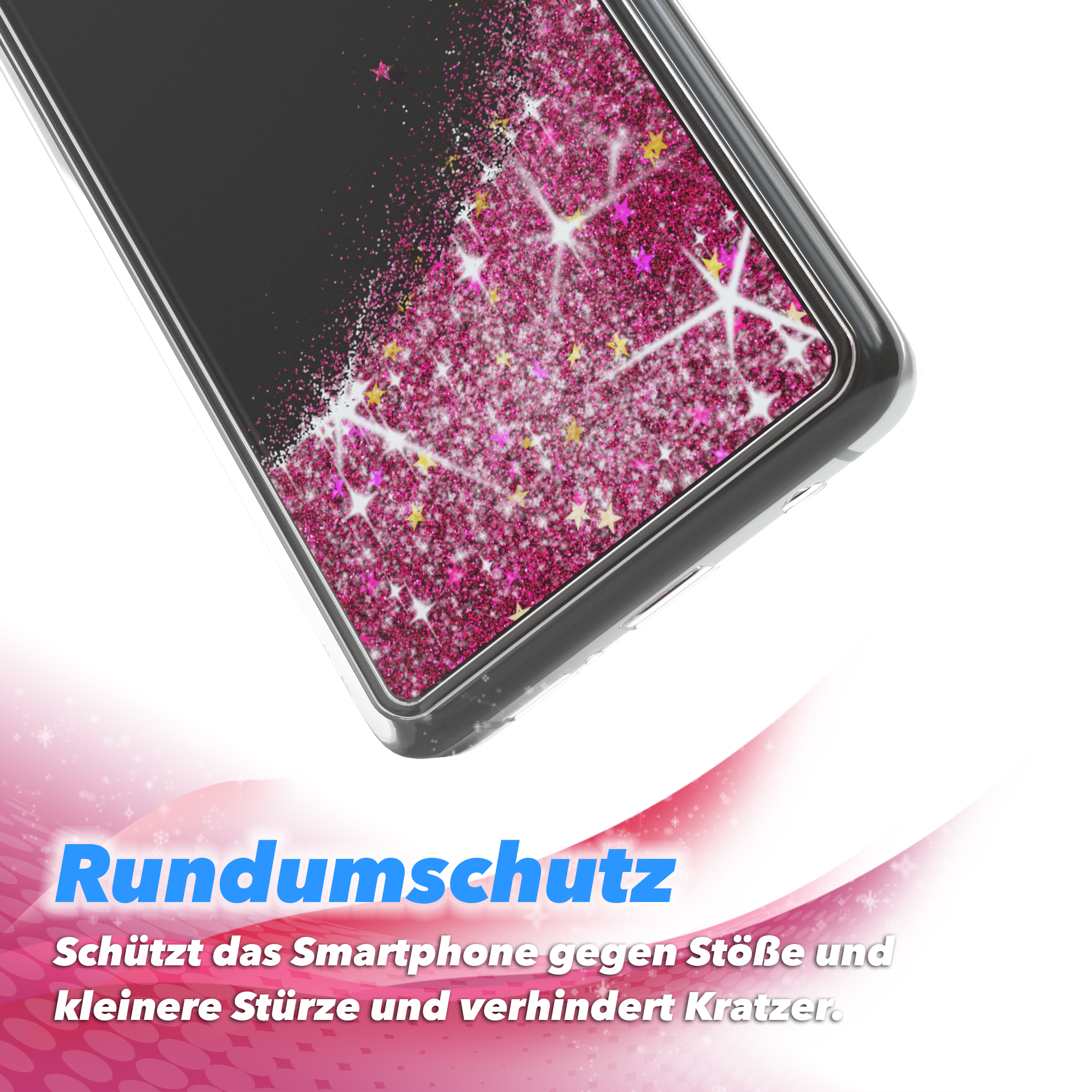 Handyhülle mit Glitzer. Deutscher Text wirbt für Schutz vor Stößen und Kratzern ist sichtbar.