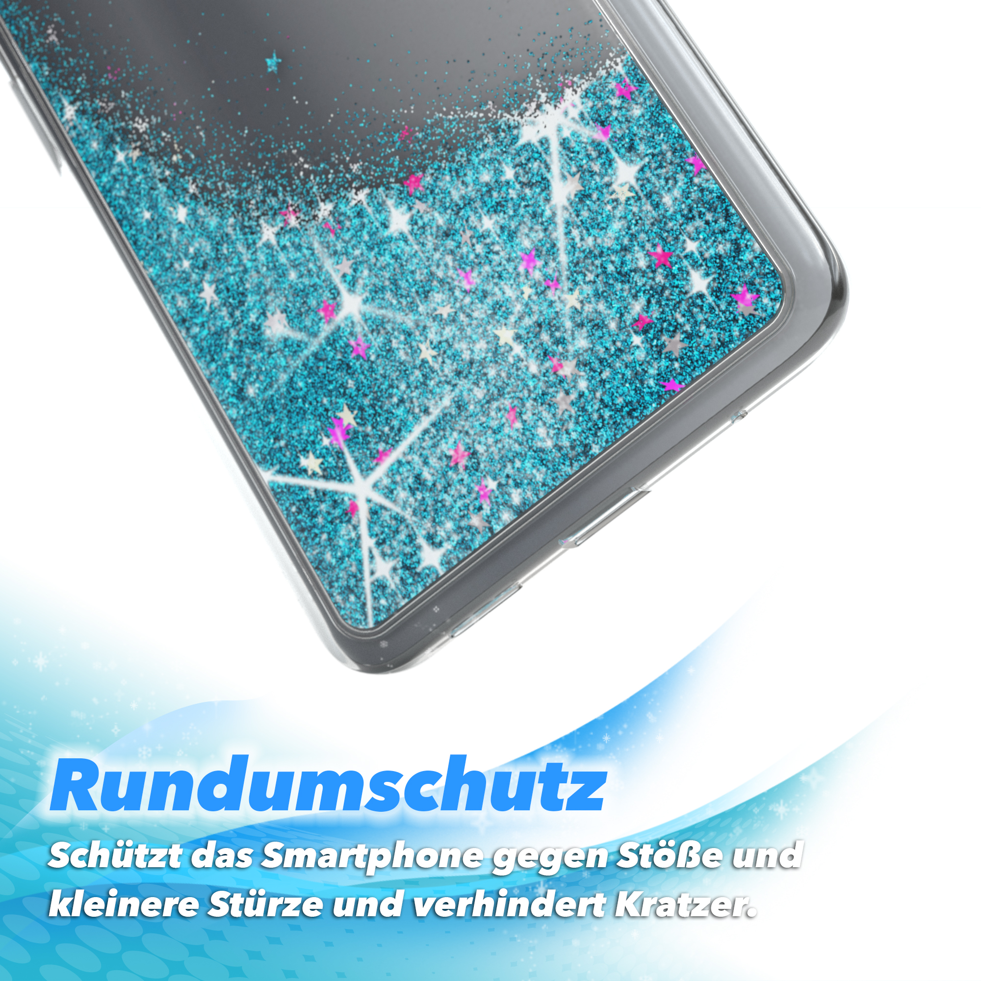 Nahaufnahme: Handyhülle mit blauem Glitzer und Sternen. Text: Schützt vor Stößen und Kratzern.