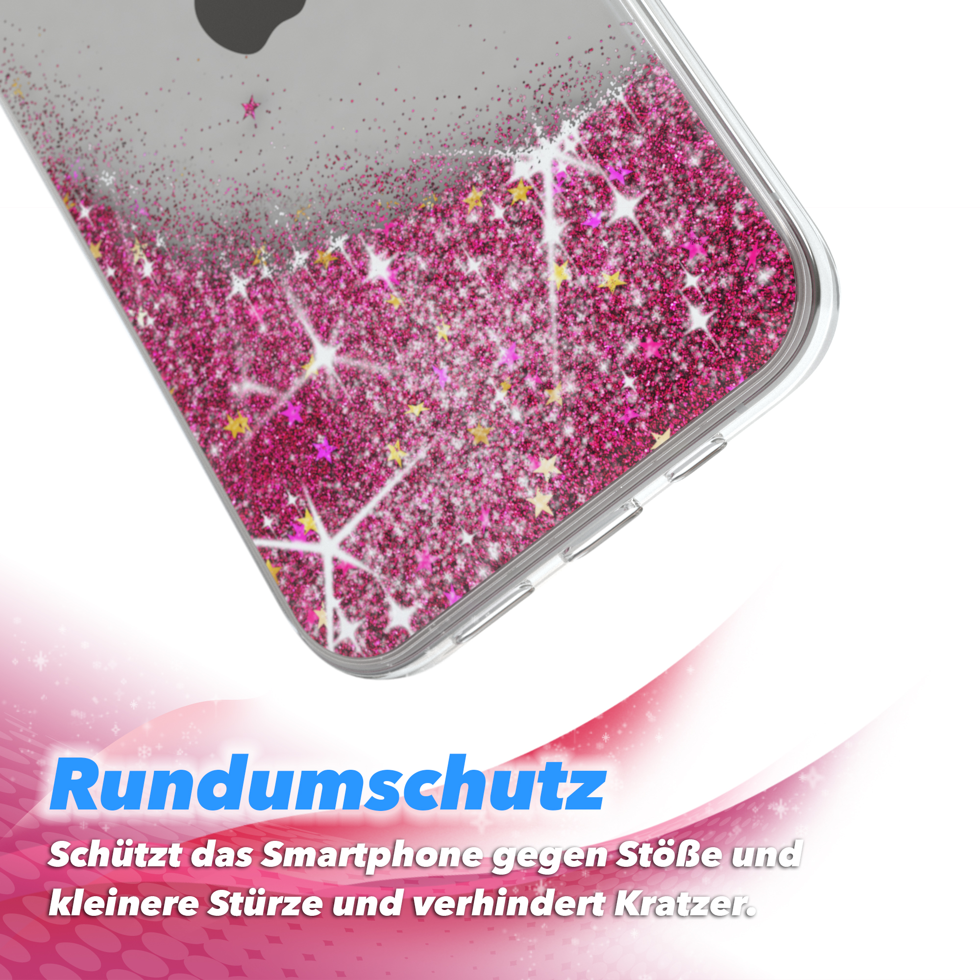Transparente Handyhülle mit rosa Glitzer und Sternen. Text: Rundumschutz.