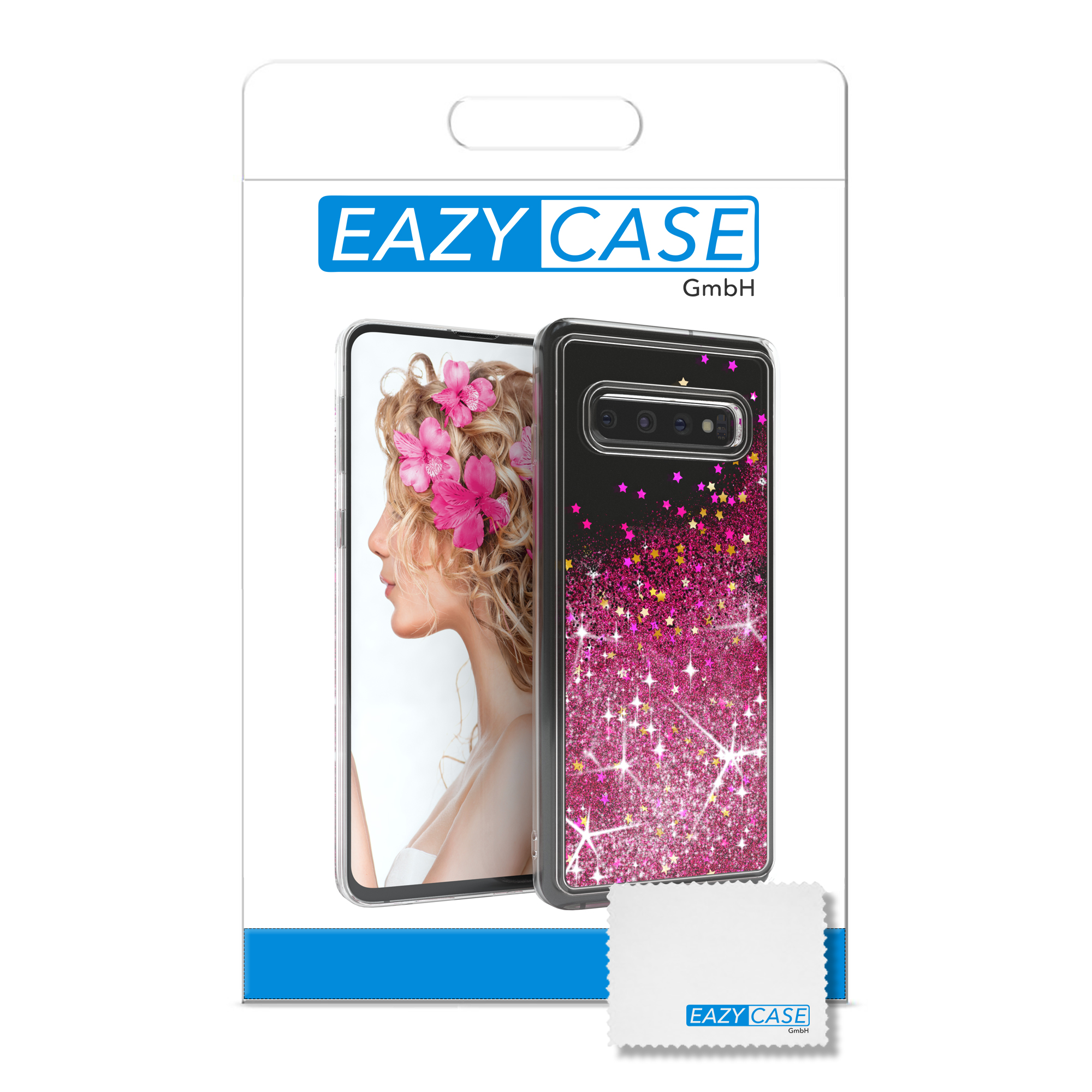 Telefonhüllen-Paket mit Telefon und Frauengesicht. Weißes Paket mit dem Markennamen EAZY CASE.