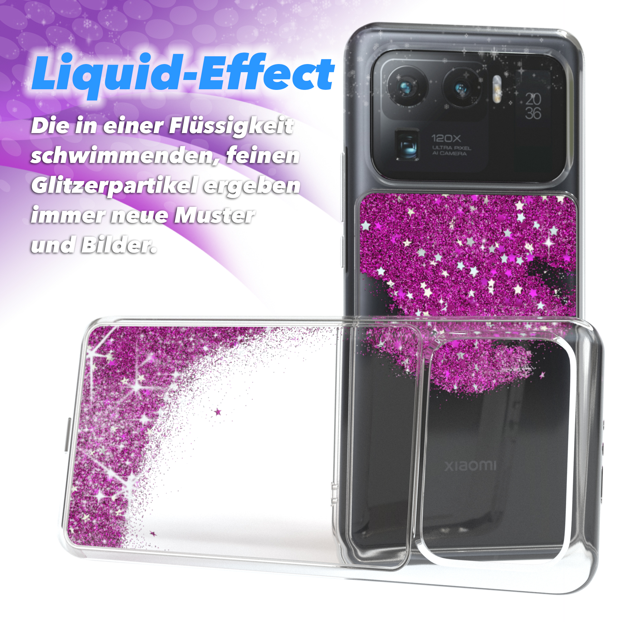 Eine Handyhülle mit rosa Glitzer und ein Telefon.