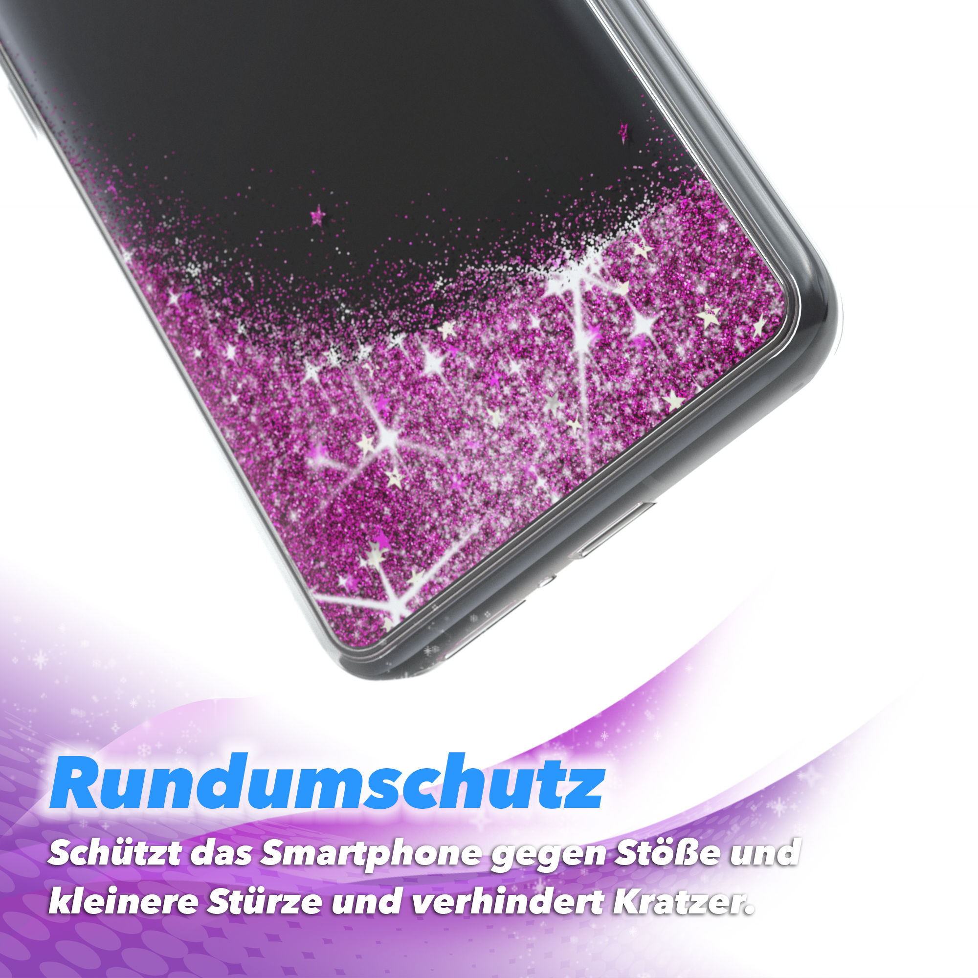 Nahaufnahme einer Handyhülle mit pinkfarbenen Glitzersternen. Text: Rundumschutz, Schutz vor Stößen und Kratzern.