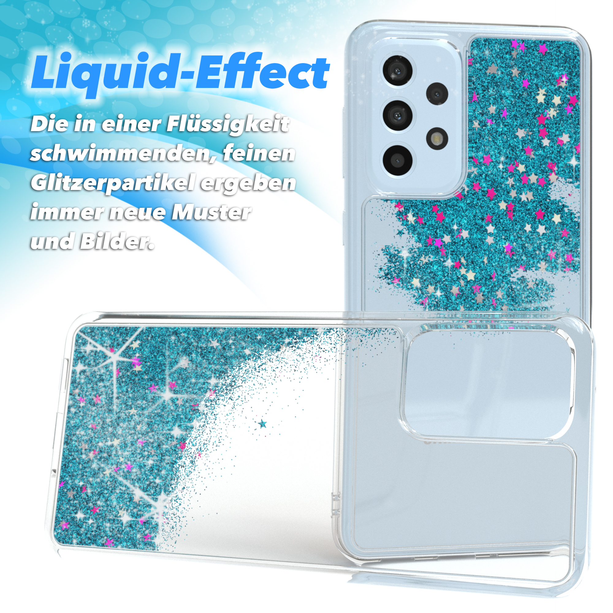 Transparente Handyhülle mit blauem Glitzer. Die Hülle wird auf weißem Hintergrund mit dem Text 'Liquid-Effect' gezeigt.