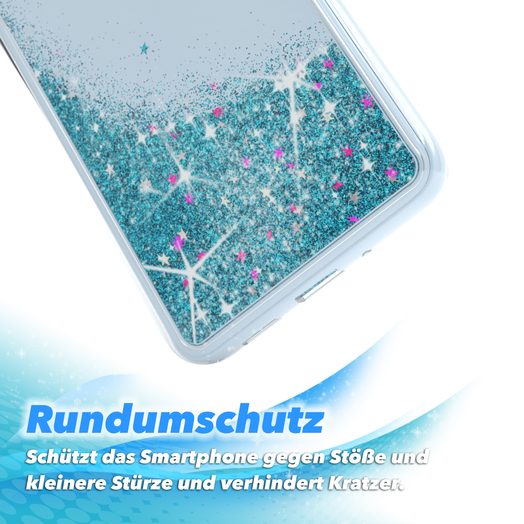 Nahaufnahme einer Handyhülle mit blauem Glitzerdesign. Schützt vor Stößen, Stürzen und Kratzern.