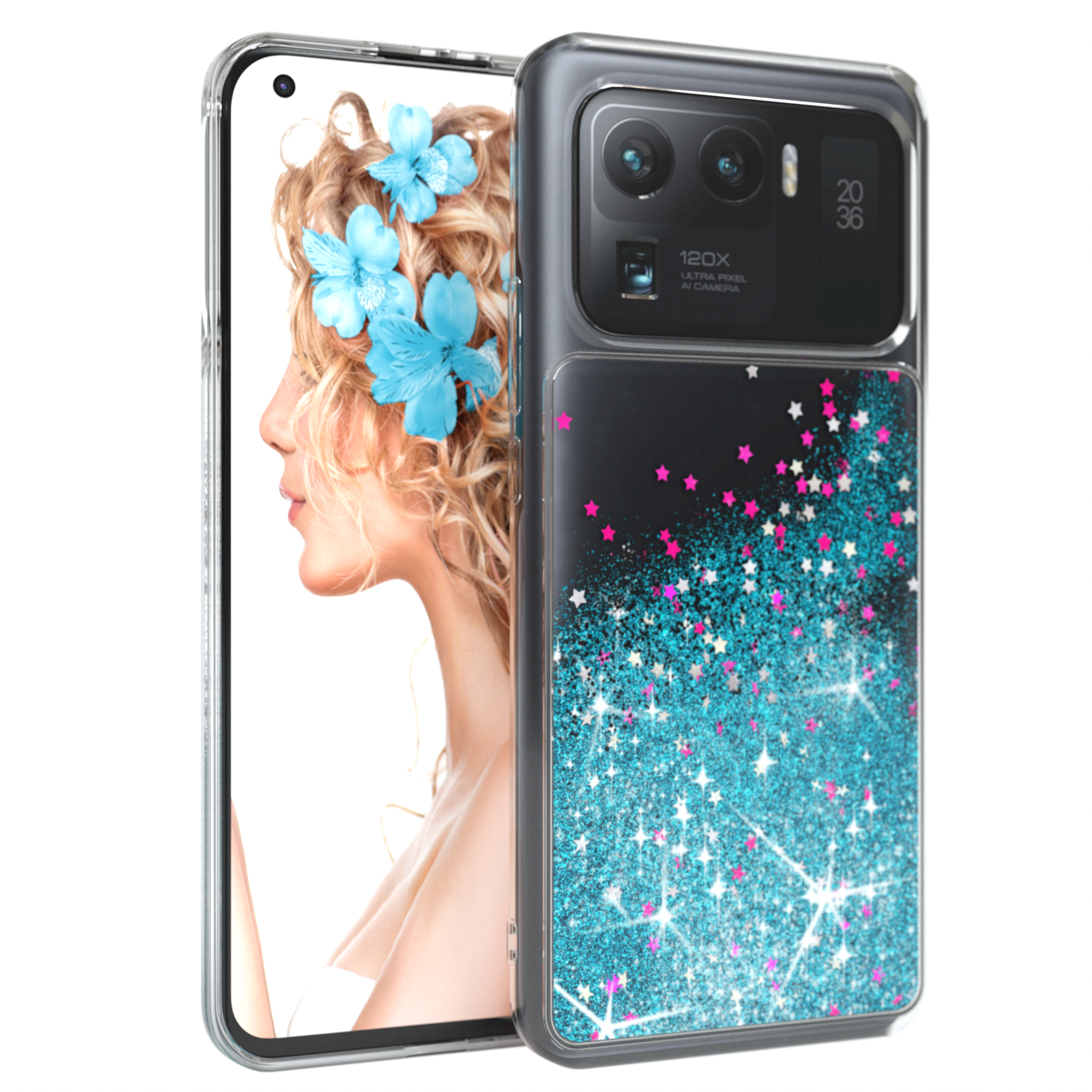 Handyhülle mit Frau mit Blumen und glitzerndem blau-rosa Design auf dem Bildschirm.