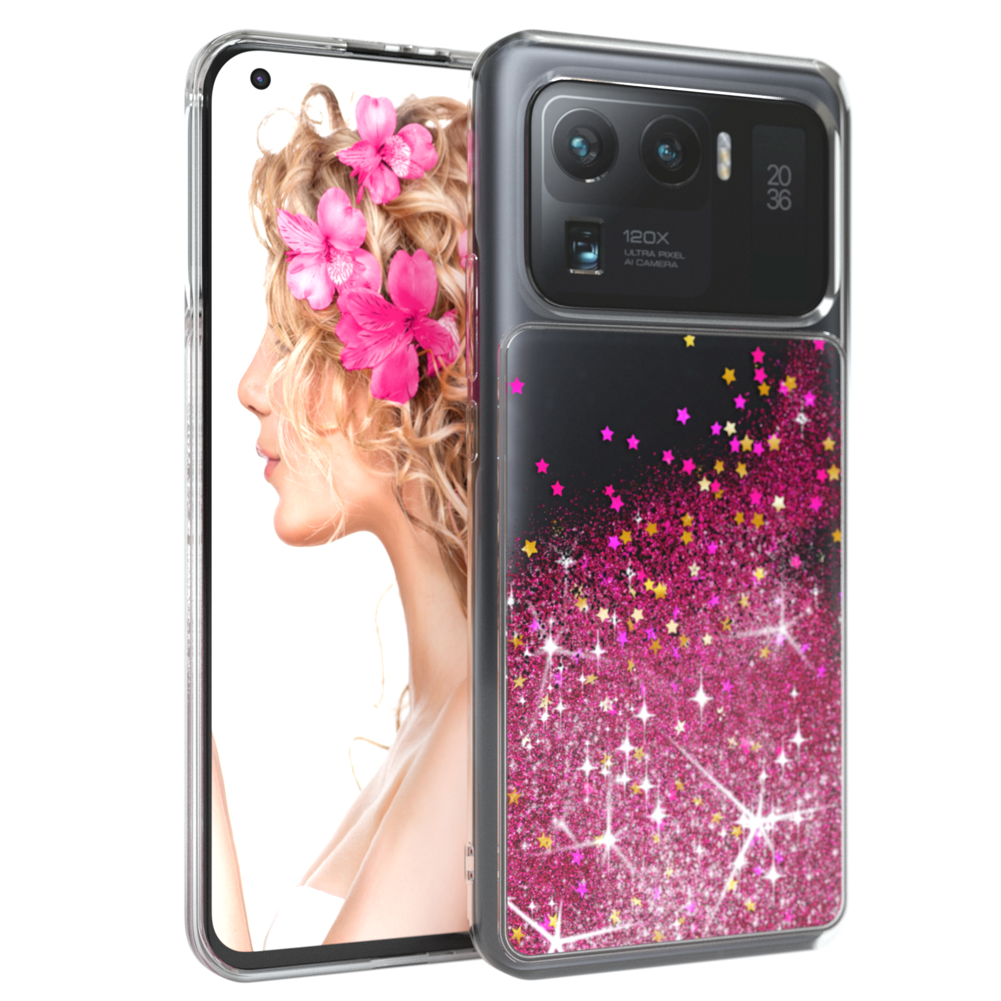 Transparente Handyhülle mit Glitzer und Frau mit rosa Blumen im Haar.