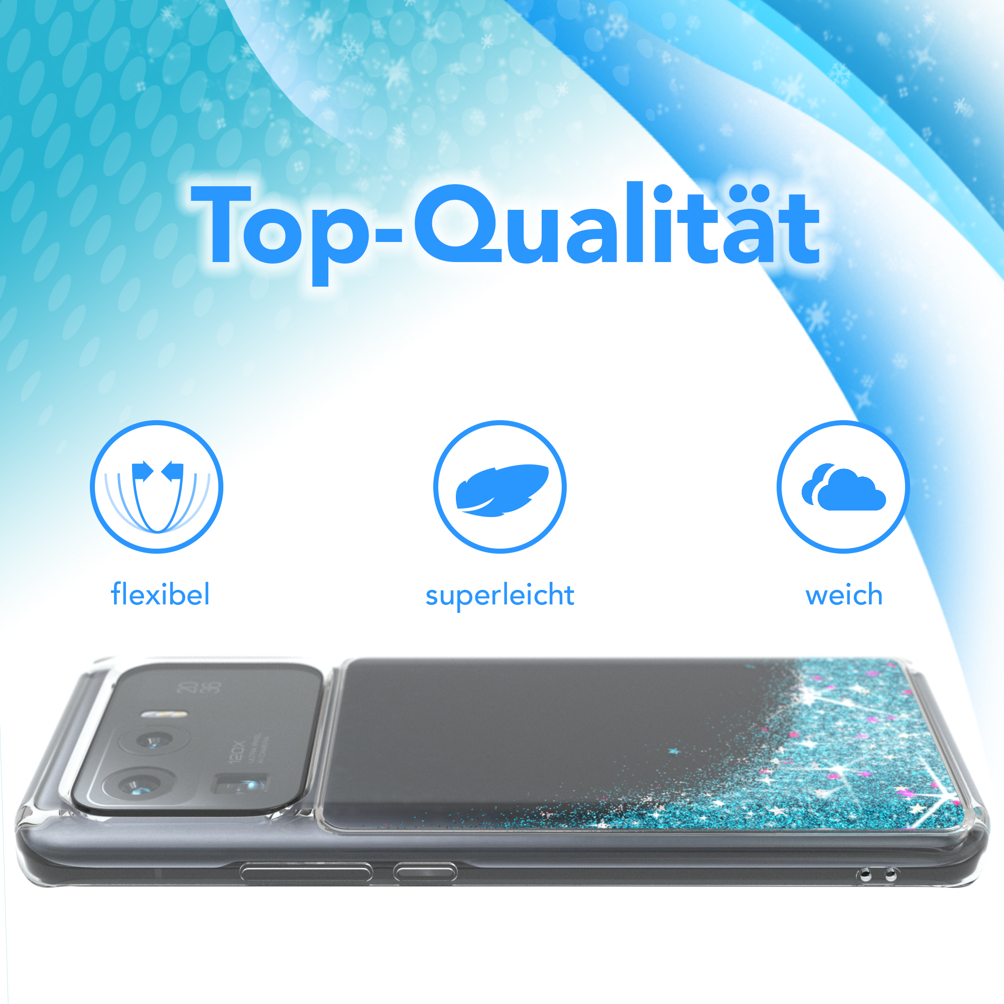 Handyhülle mit blauem Glitzereffekt. Text: Top-Qualität, flexibel, superleicht.