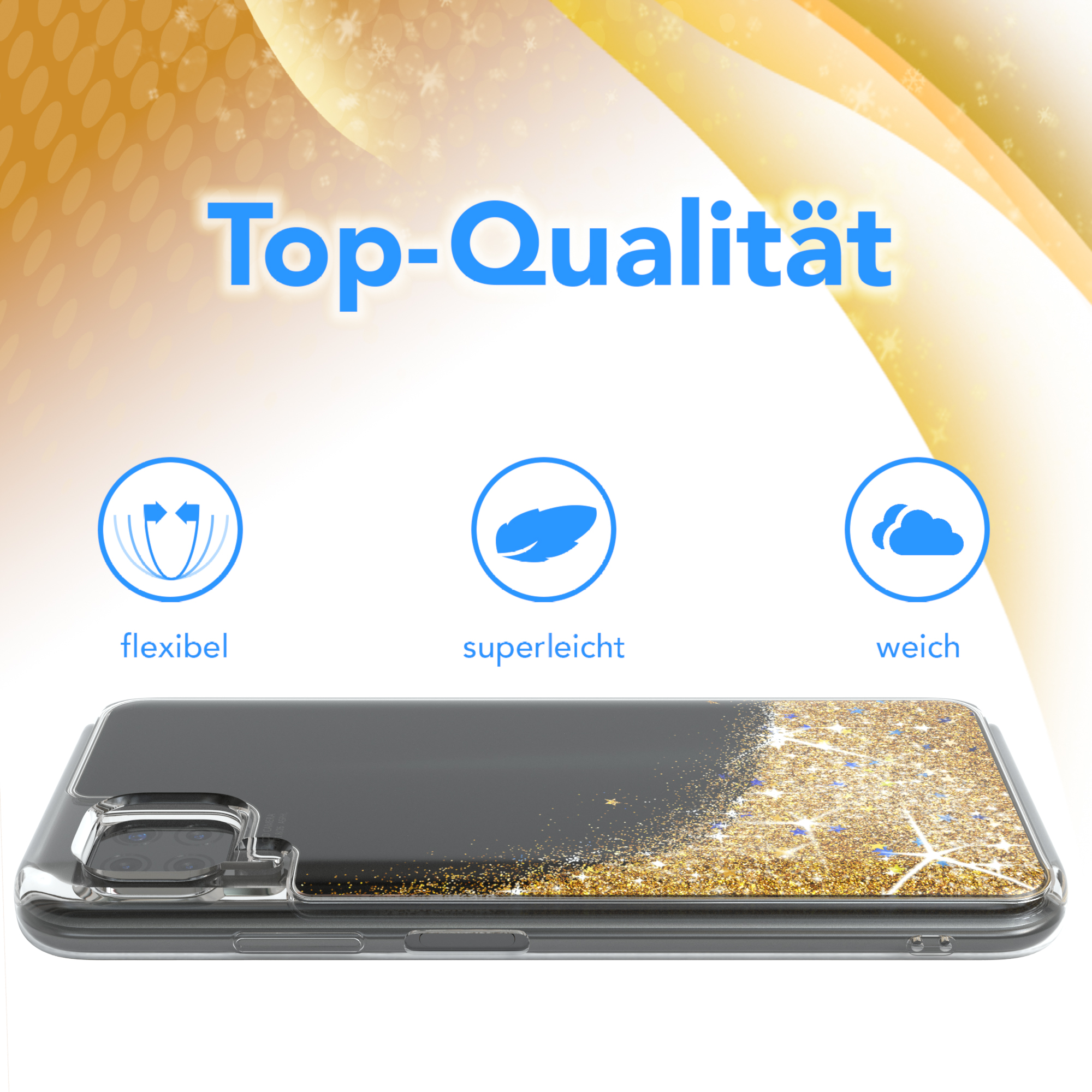 Eine transparente Handyhülle mit goldglitzerndem Design. Icons zeigen Flexibilität, Leichtigkeit und Weichheit.