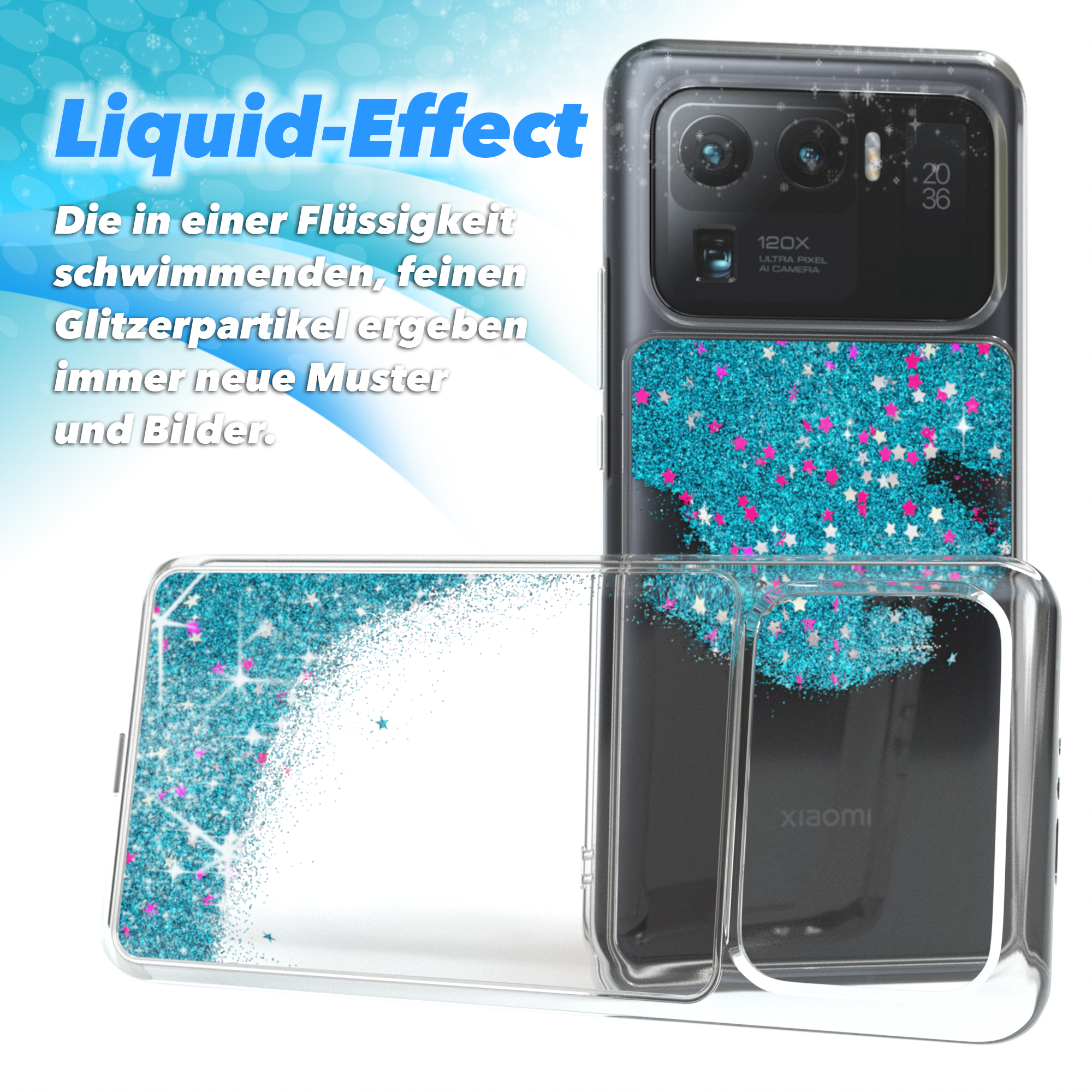 Transparente Handyhülle mit blauem Glitzer und Sternen. Das Telefon hat mehrere Kameras und Marke.