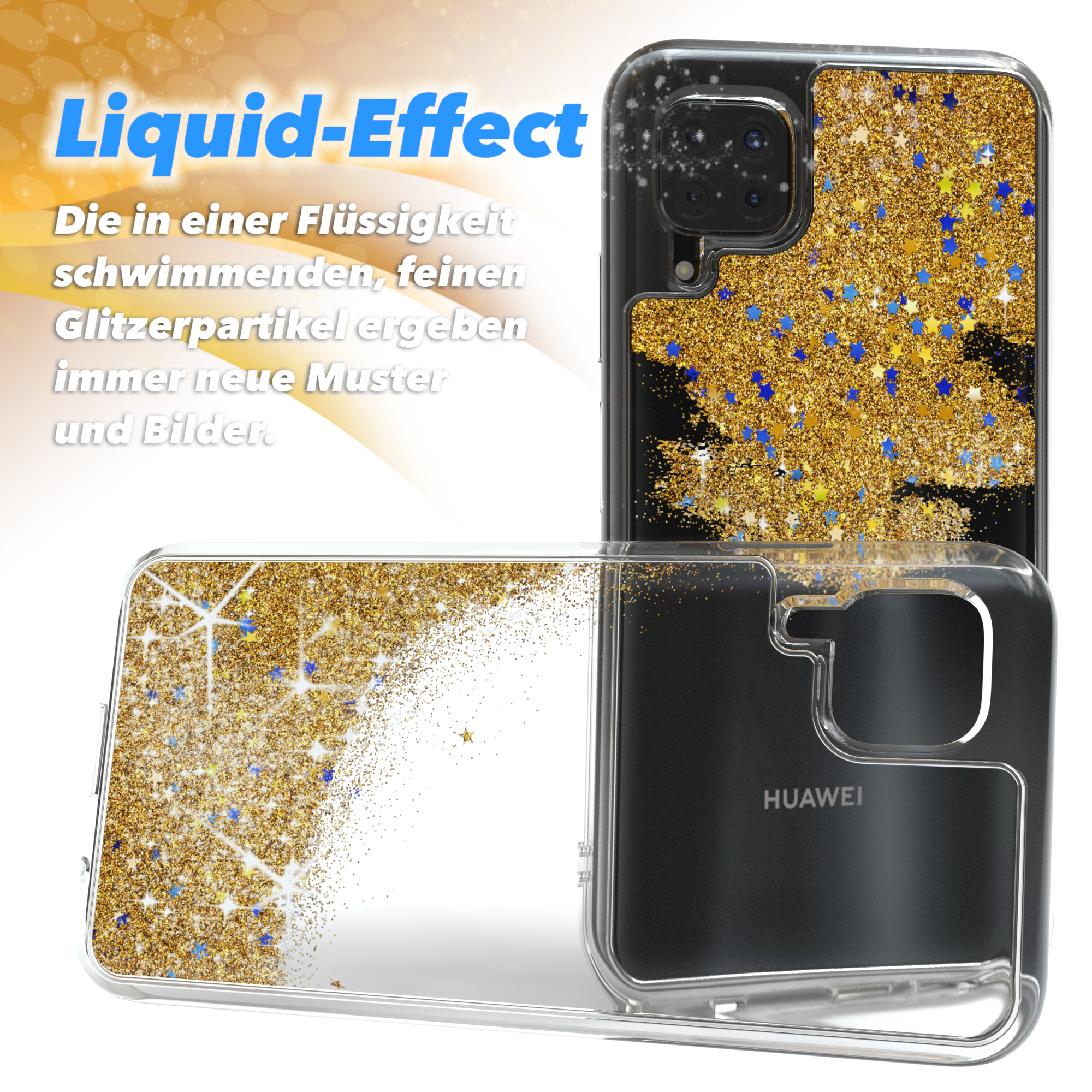 Transparente Handyhüllen mit goldenem Glitzer und Sternen. Eine Hülle ist offen, die andere hat ein Huawei-Logo.