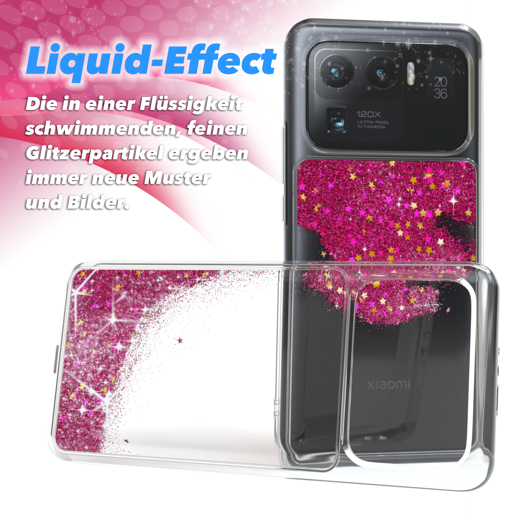 Handyhülle mit Flüssigglitzer mit rosa Sternen, neben einem Telefon.