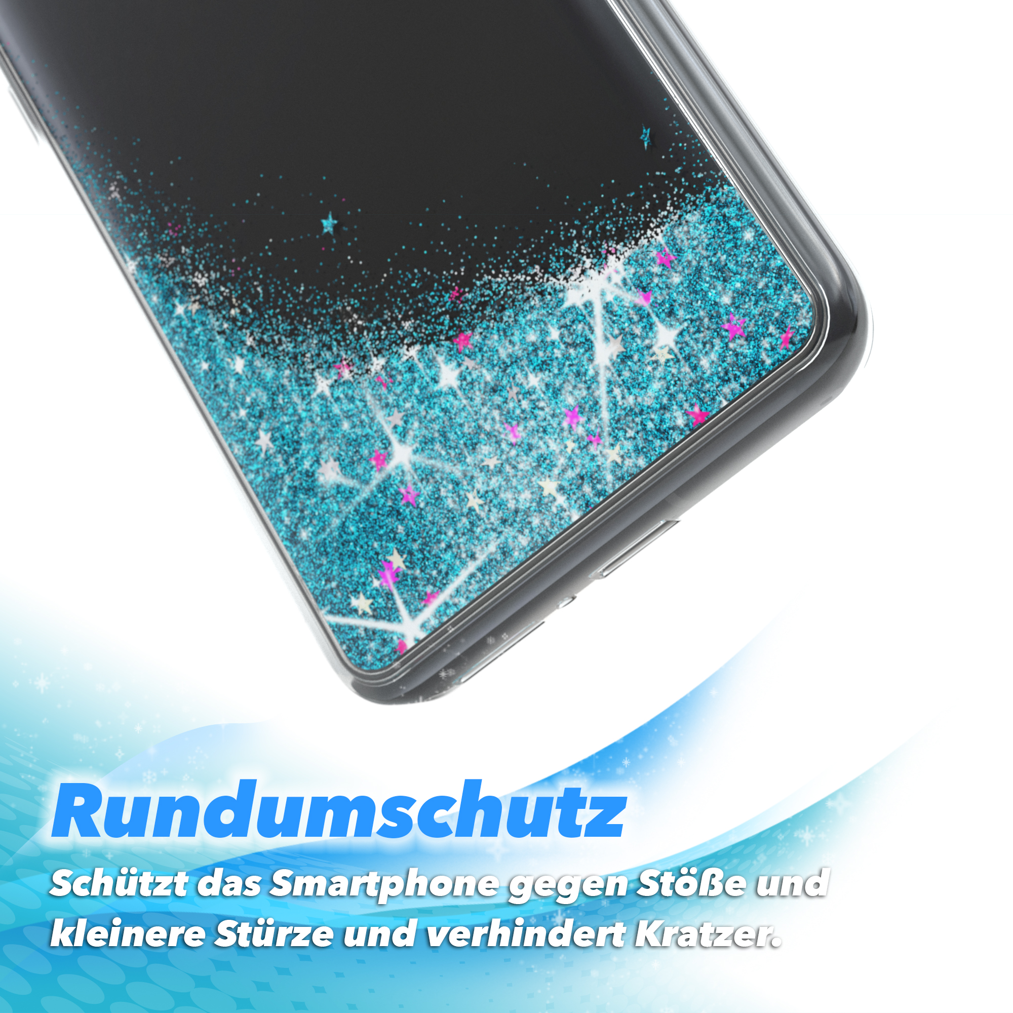 Nahaufnahme der Handyhülle mit blauem Glitzer. Schwarzes Telefon. Text: Rundumschutz.