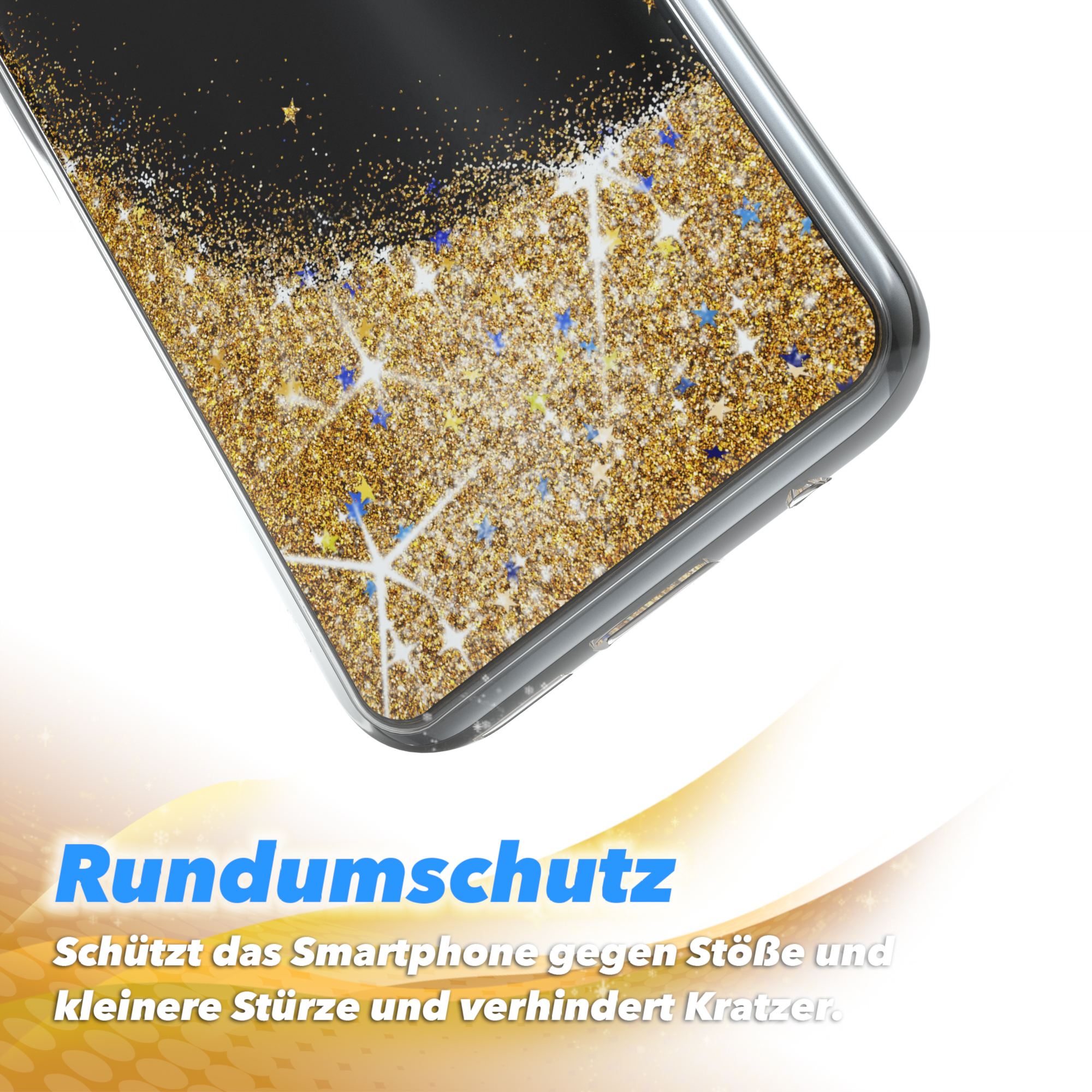Nahaufnahme einer Handyhülle mit goldenem Glitzer und Sternen, mit Text über Schutz.