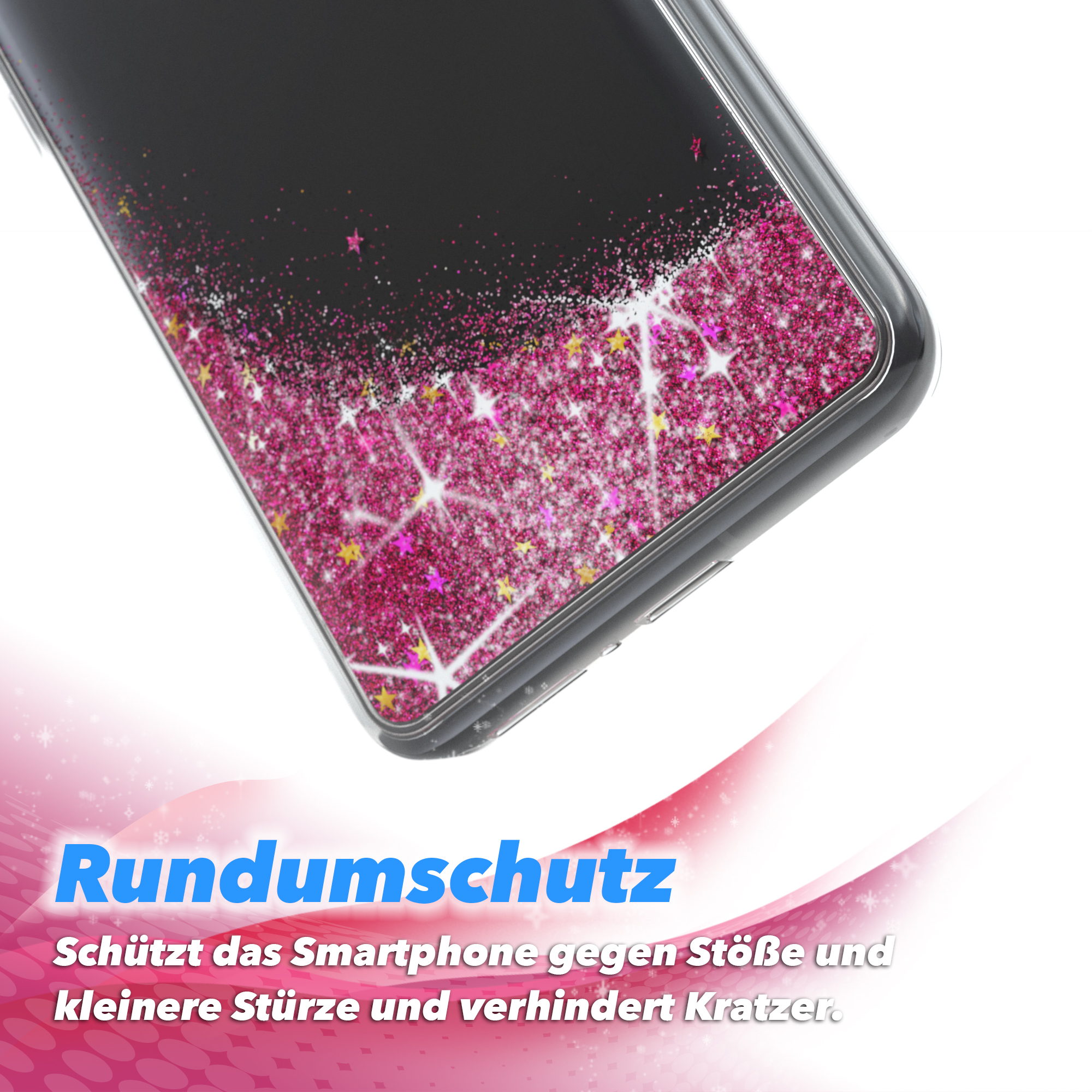 Nahaufnahme einer Handyhülle mit Glitzer, die das Telefon schützt.