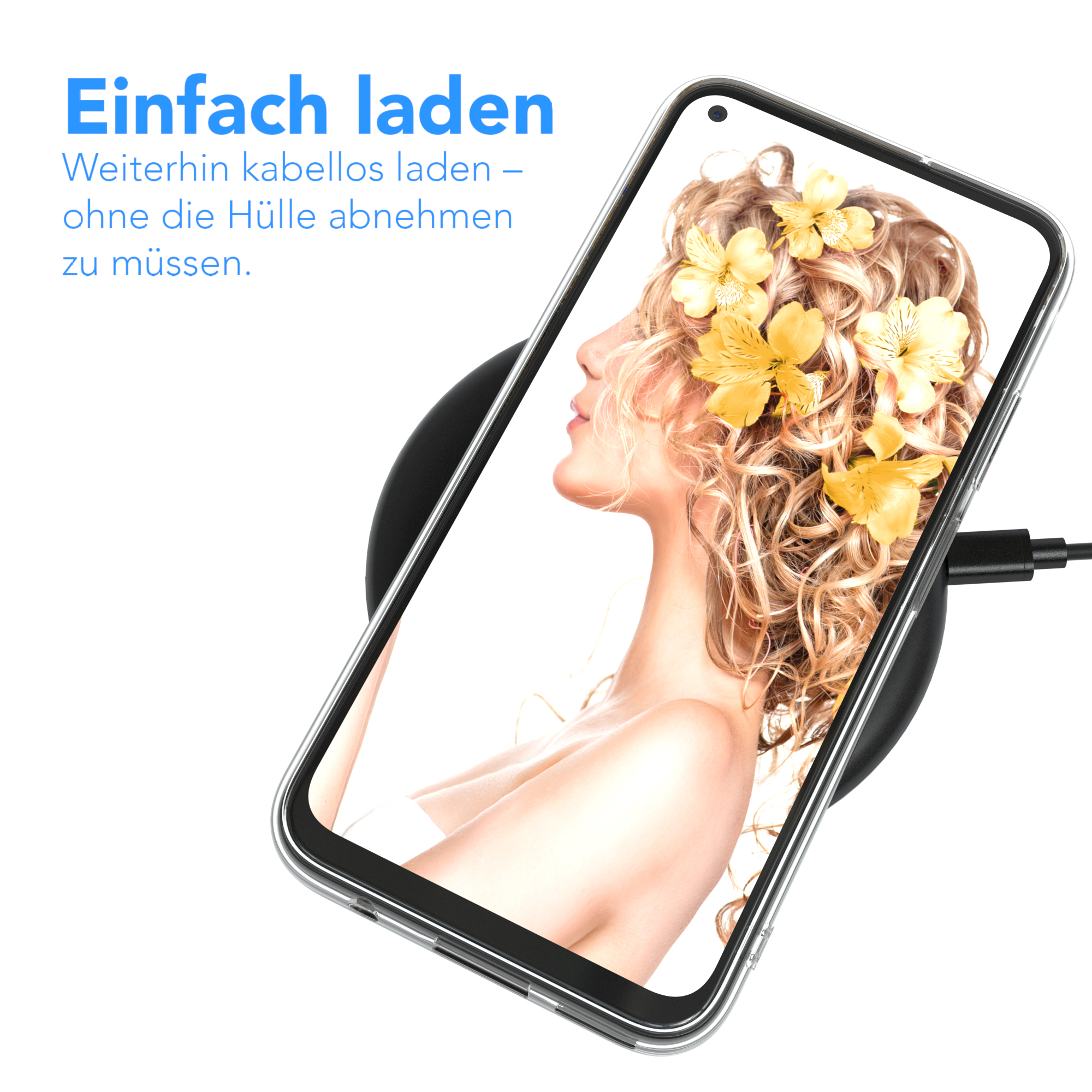 Telefon auf kabellosem Ladegerät, mit Bild einer Frau auf dem Bildschirm und gelben Blumen.