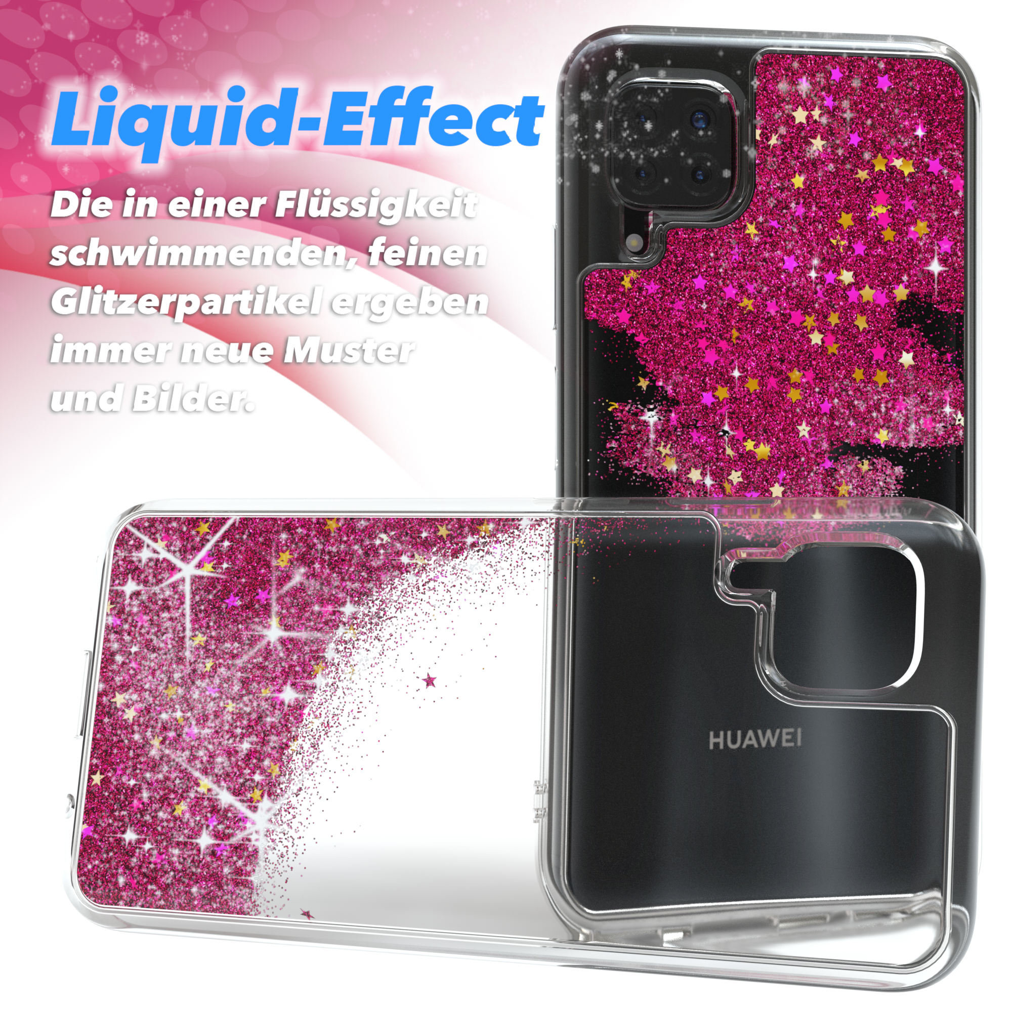 Transparente Handyhülle mit pinkfarbenem Glitzer und Sternen. Eine Hülle ist offen, die andere bedeckt ein Telefon.