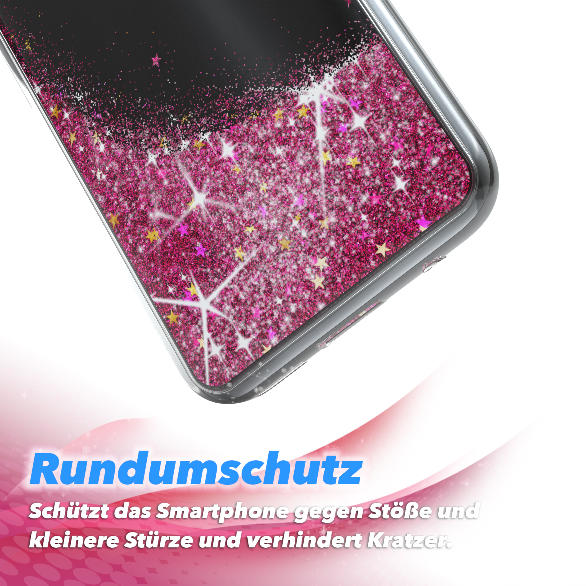 Handyhülle mit rosa Glitzer. Text: Rundumschutz. Schützt vor Stößen und Kratzern.
