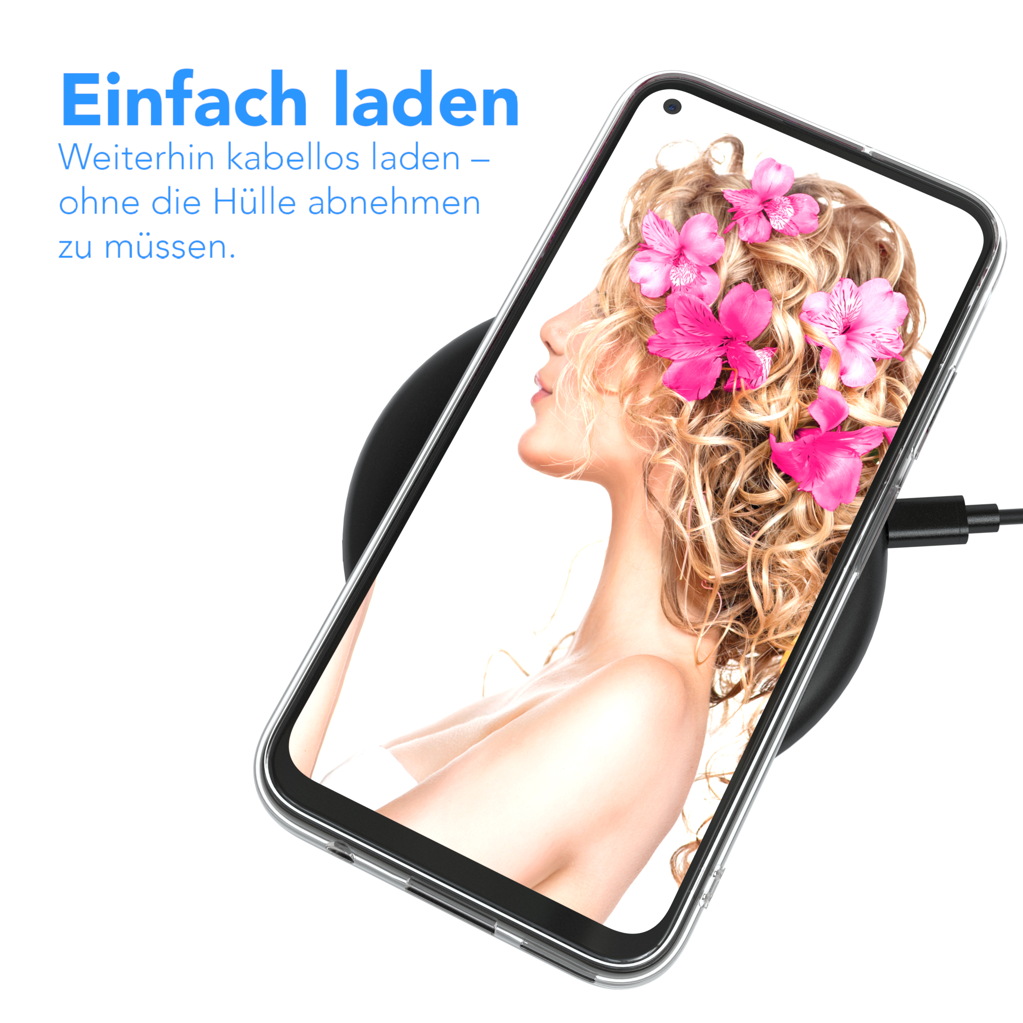 Ein Telefon lädt kabellos und zeigt eine Frau mit Blumen im Haar.