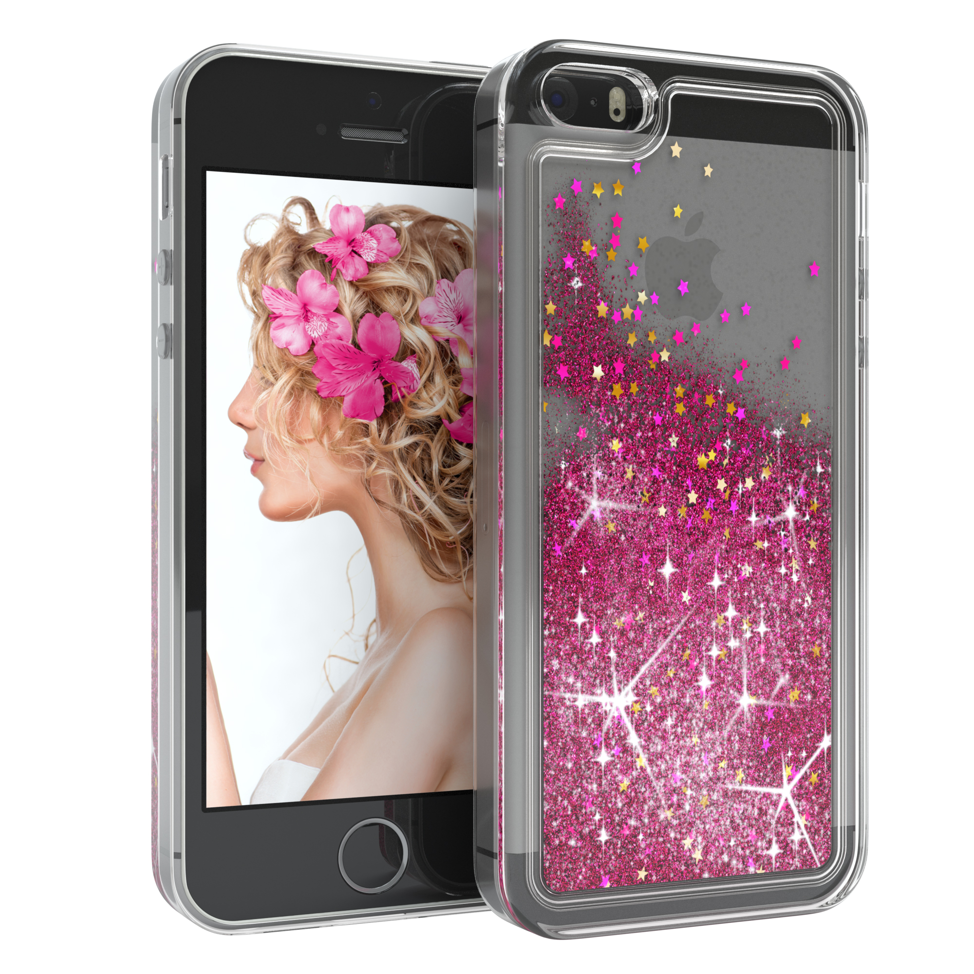 Schwarzes Telefon mit pinker Glitzerhülle, Profil einer Frau sichtbar. Rosa Blumenkrone.