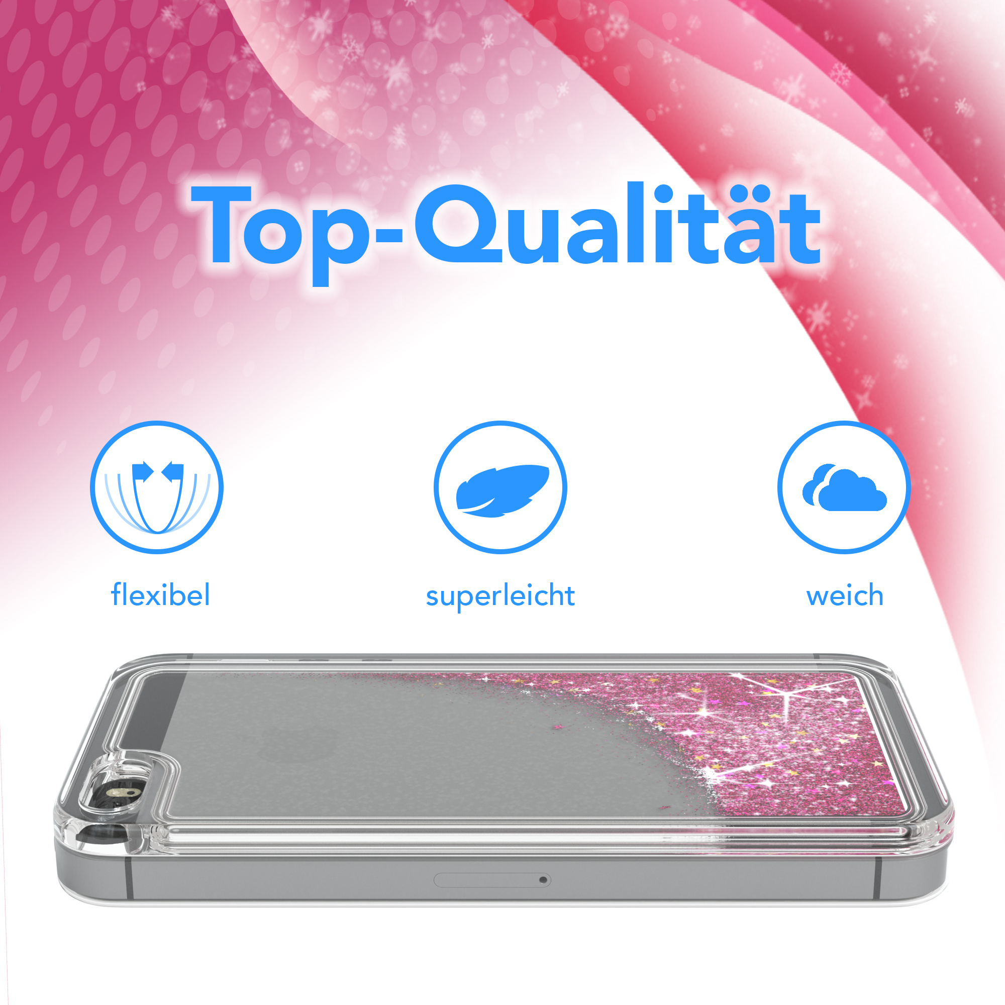 Eine transparente Handyhülle mit rosa Glitzer und drei Symbolen.
