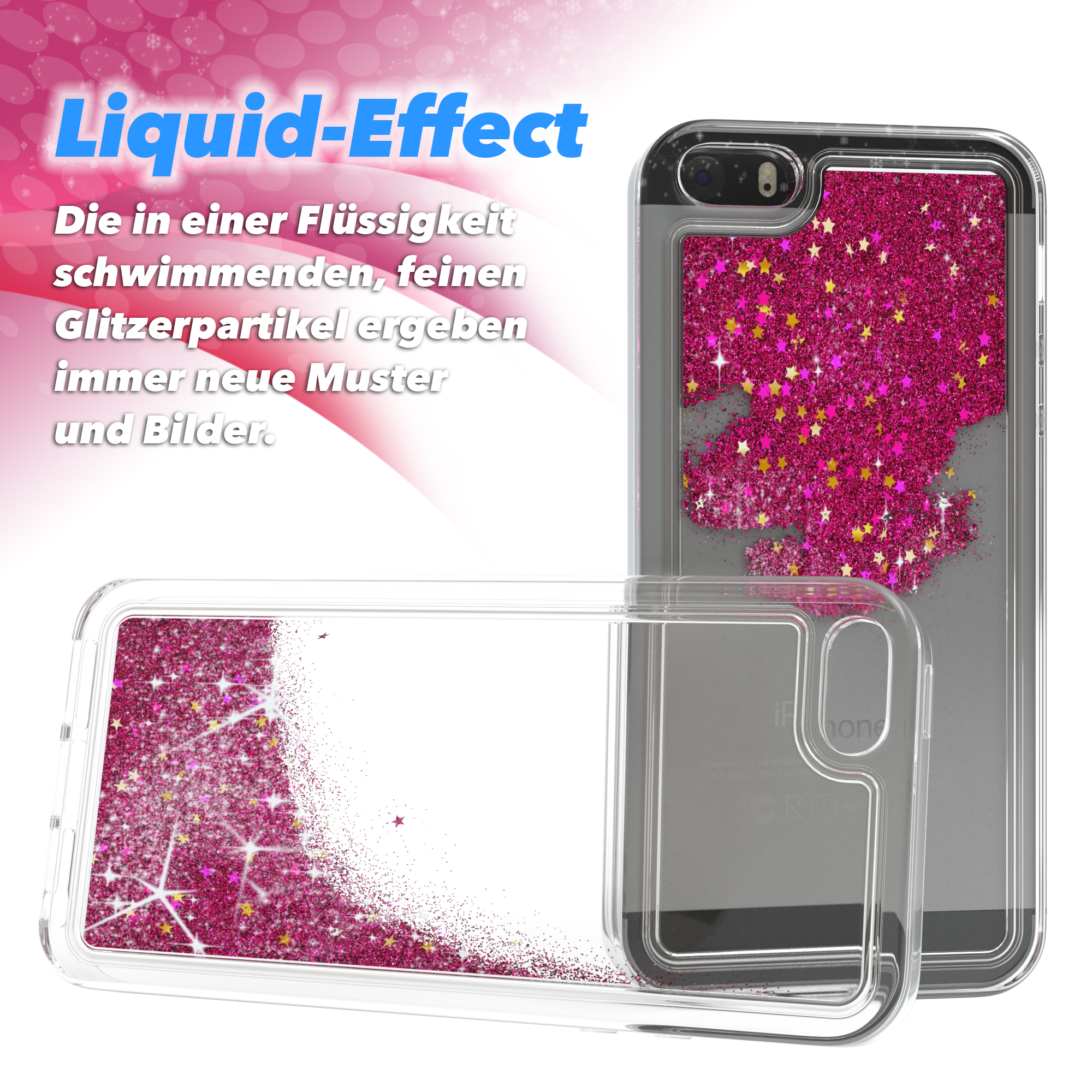 Transparente Handyhülle mit rosa Glitzer. Die Hülle ist offen und zeigt ein Telefon.