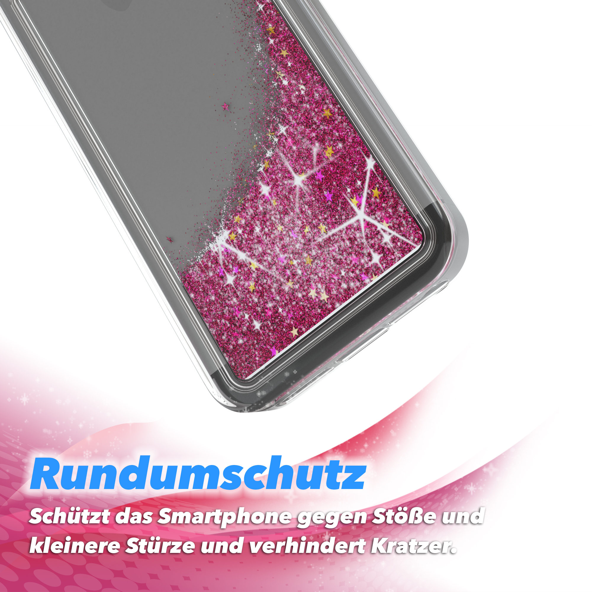 Eine Handyhülle mit rosa Glitzer und Sternen. Die Hülle ist transparent mit einer rosa Welle.