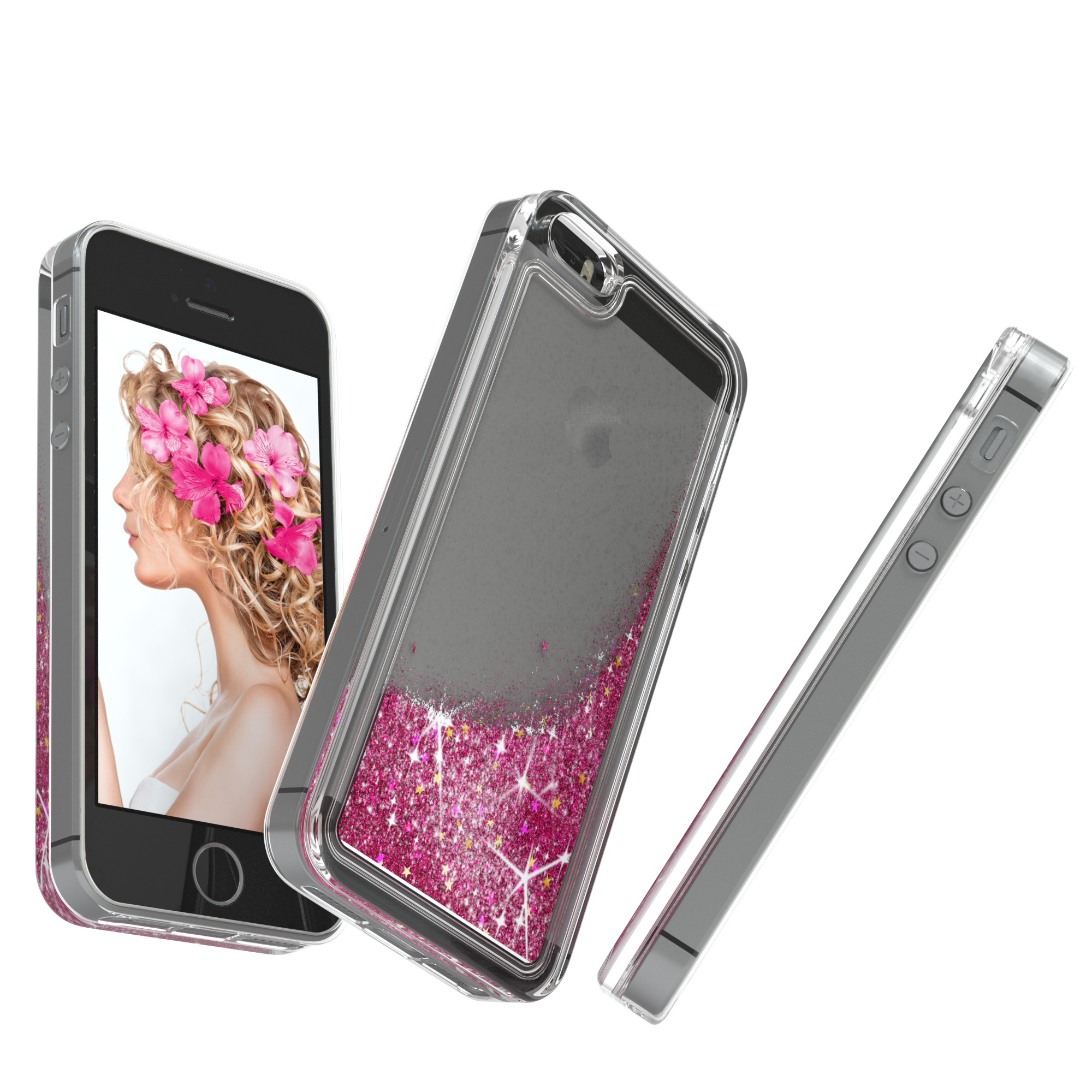 Telefon mit Frauenbild, rosa Glitzerhülle und abgetrennter Seite.